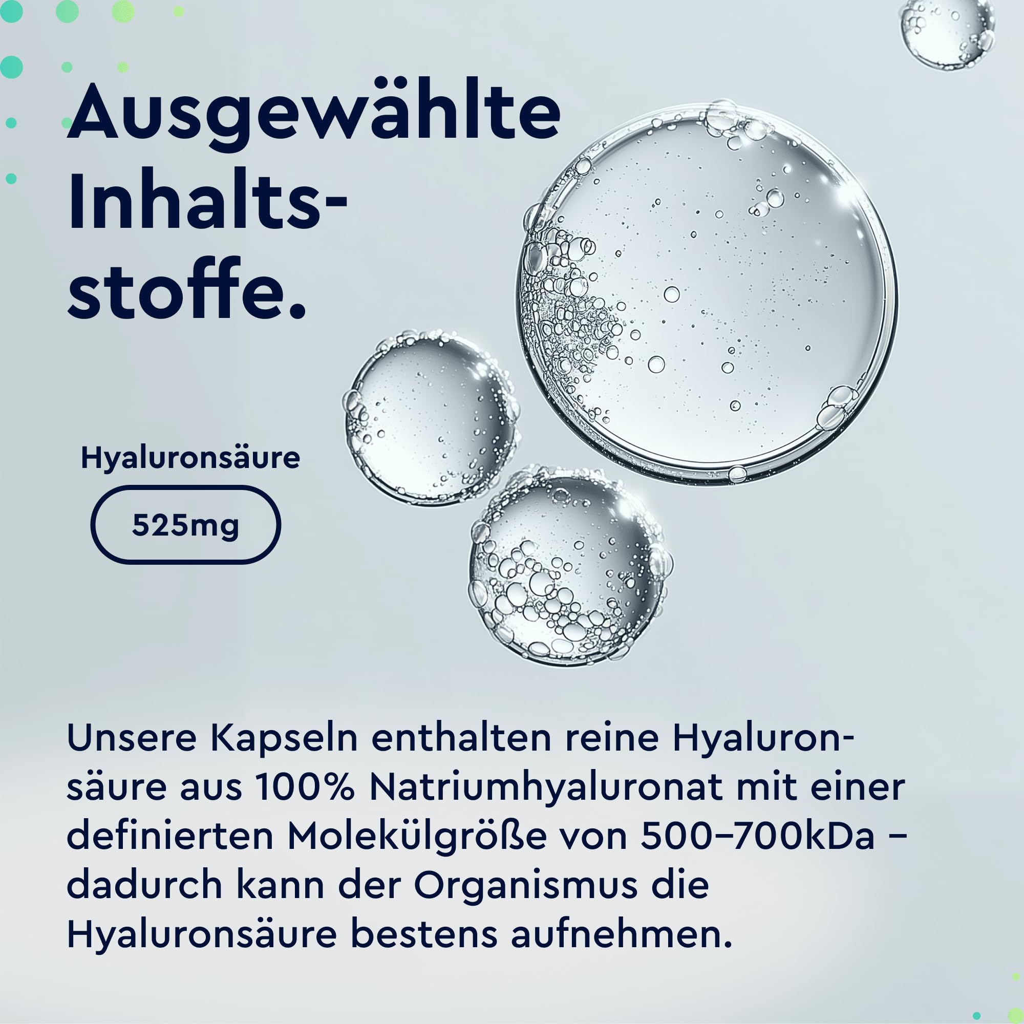 Hyaluron Kapseln Hochdosiert - 525mg Hyaluronsäure pro Kapsel - 500-700 kDa - 90 vegane Kapseln - Laborgeprüft, ohne Zusätze in Deutschland hergestellt