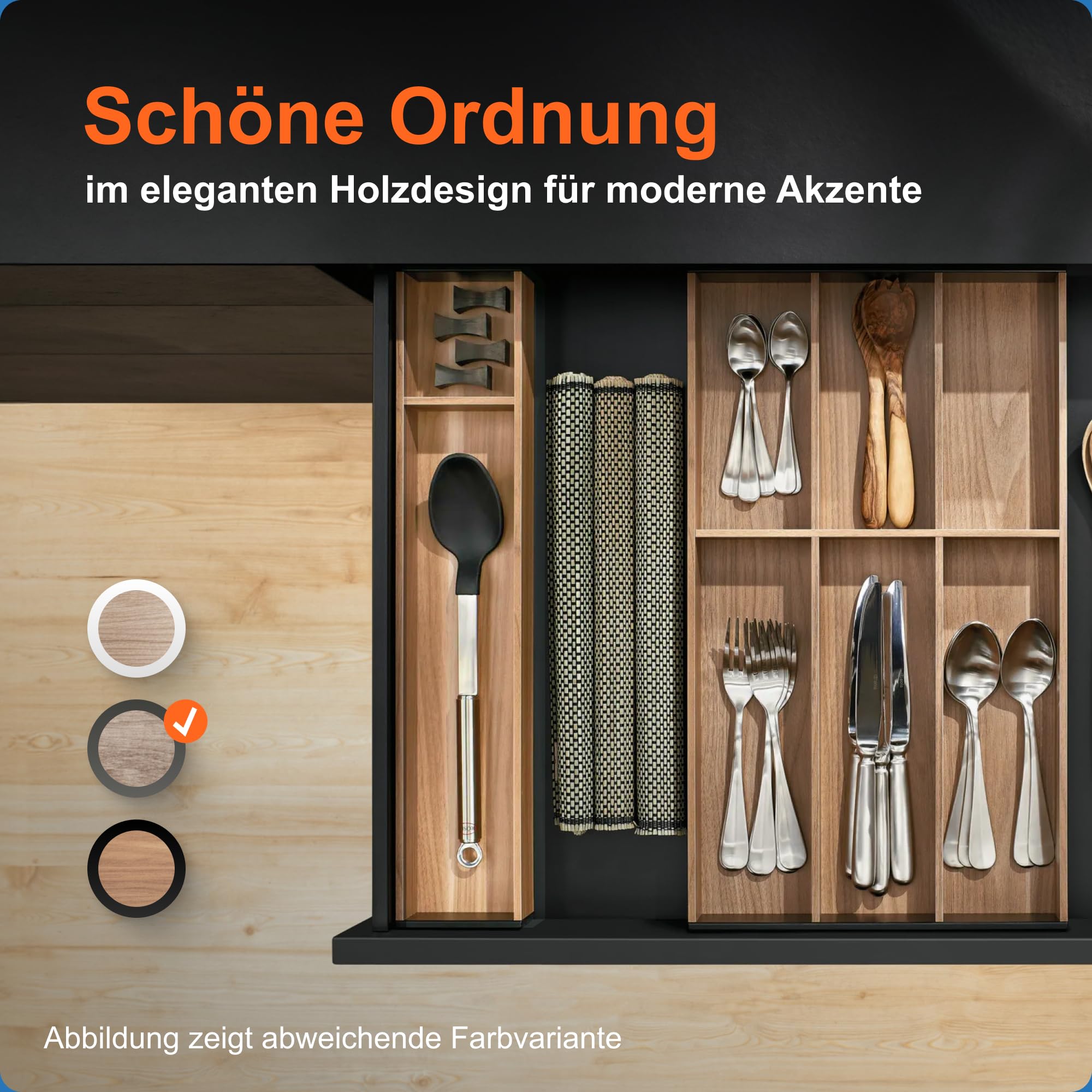 Blum AMBIA-LINE Schubladen-Organizer Holzdekor 42×10×5 cm | Nebraska Eiche | Antirutsch-Füße – sicherer Halt ohne Kleben | Besteckeinsatz & Trenner aus Holzdekor | Für Küche, Bad & Kleiderschrank