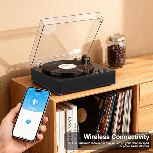 Miniatura 4 de Reproductor de discos de vinilo con altavoces estéreo integrados, tocadiscos de entrada y salida Bluetooth, reproductores LP de 3 velocidades de