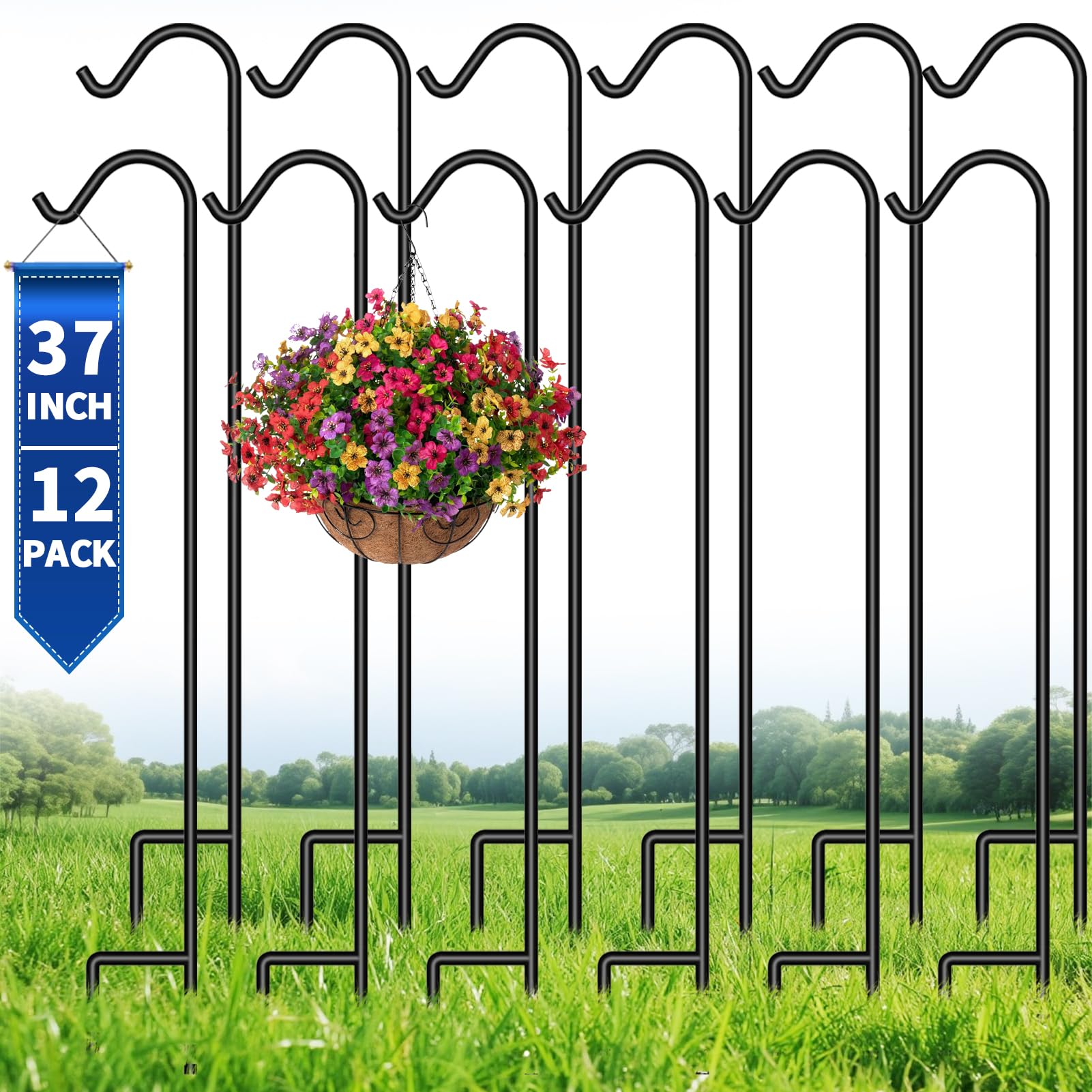 BEAU JARDIN 12 Pack Solid Shepherd Hook 37 Inch One Piece Structure No Assembly Required Heavy Duty Shepards for Garden Outdoor Hanging Plants Hanger Lanterns Wedding Black Inch Thick
