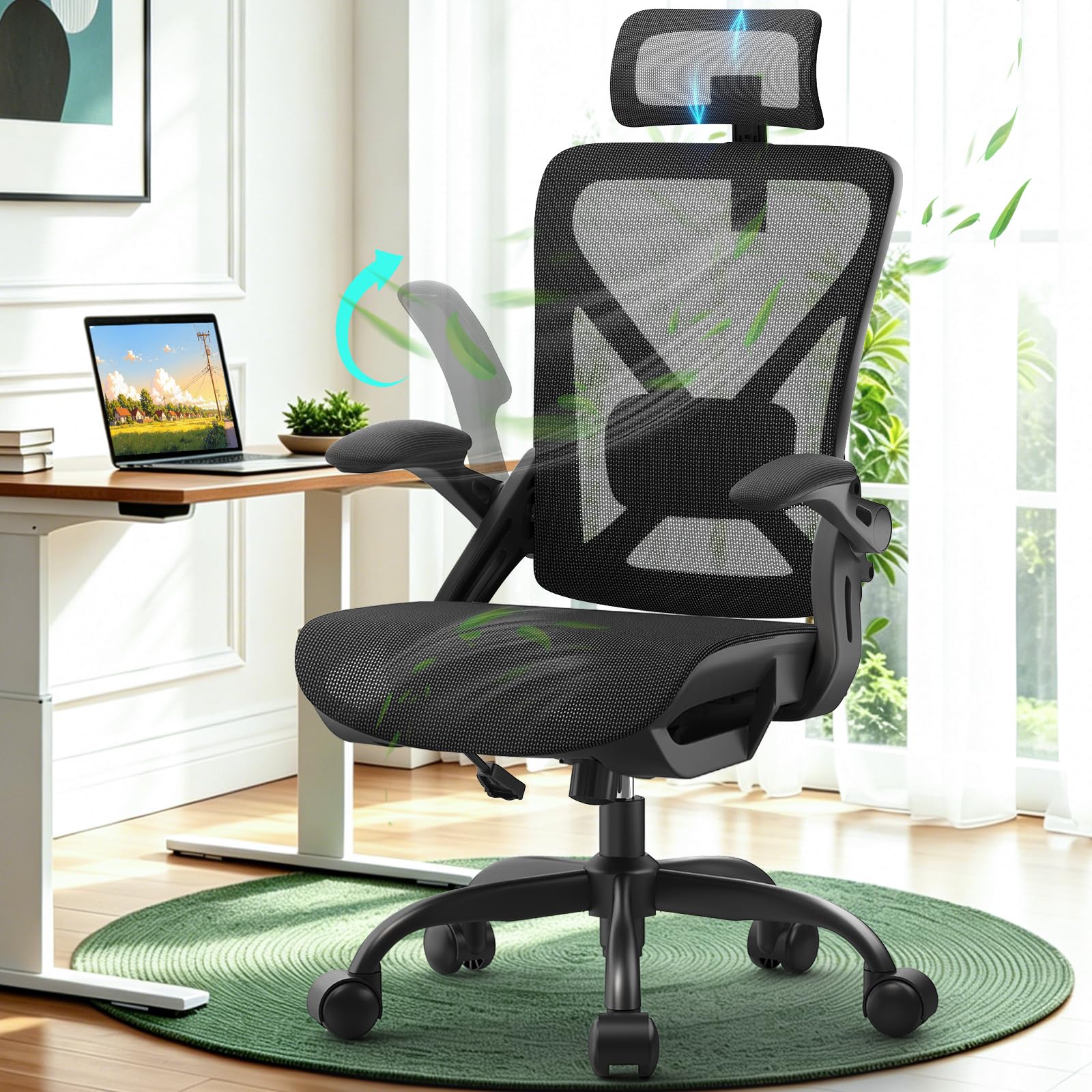 YONISEE Office Chair, Ergonomic Desk Chair with Adjustable Padded Lumbar Support, Flip-Up Armrests, Breathable Mesh Seat, Comfy Computer Chair for Home Office