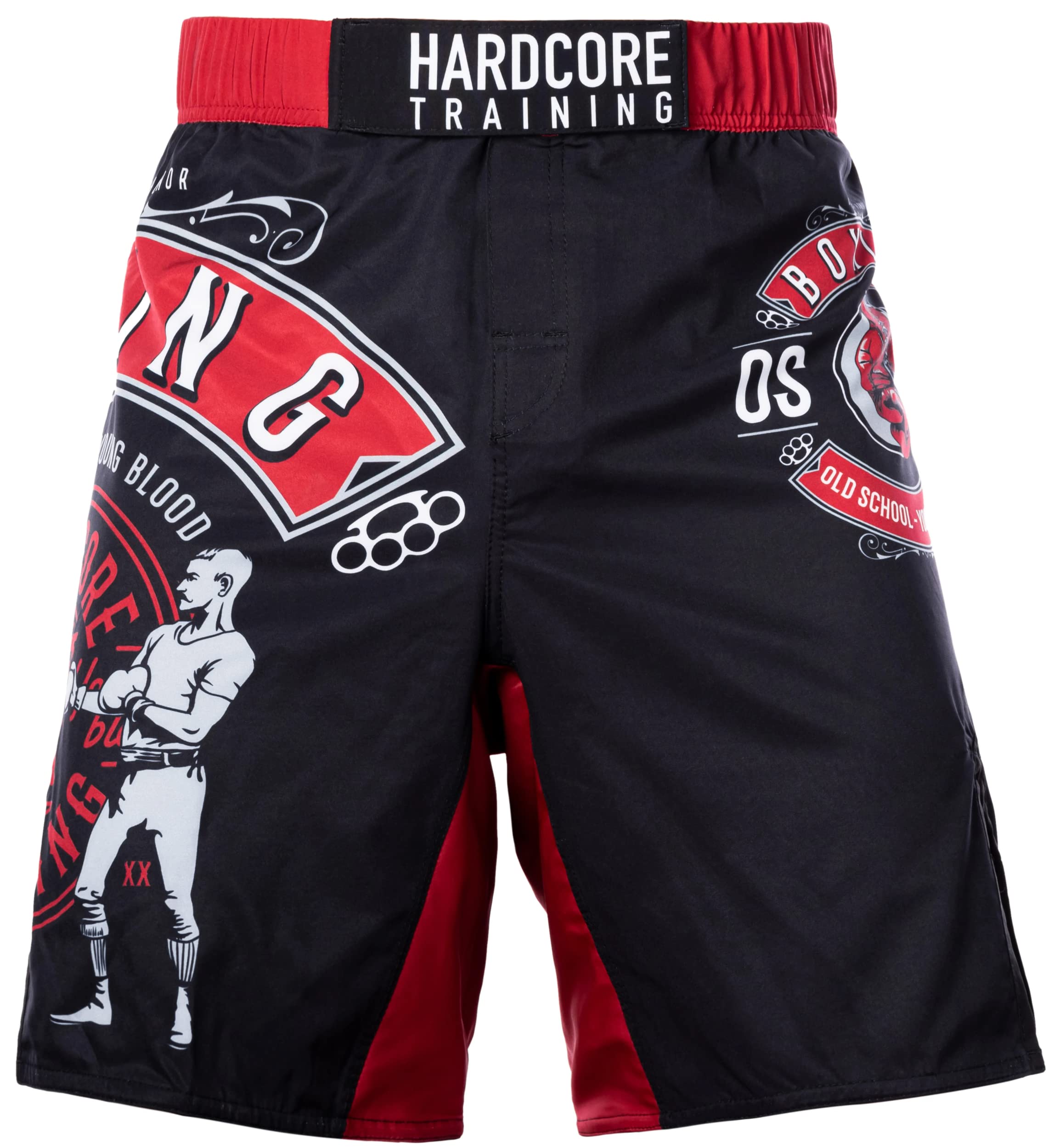 Hardcore Training Fight Shorts Boks Męski Szorty do Walki MMA Combat BJJ Grappling Fitness Muay Thai Kickboxing No Gi (DE/NL/SE/PL, Alfa, 3XL, Regularny, Regularny, Czarny Czerwony Burgundowy)