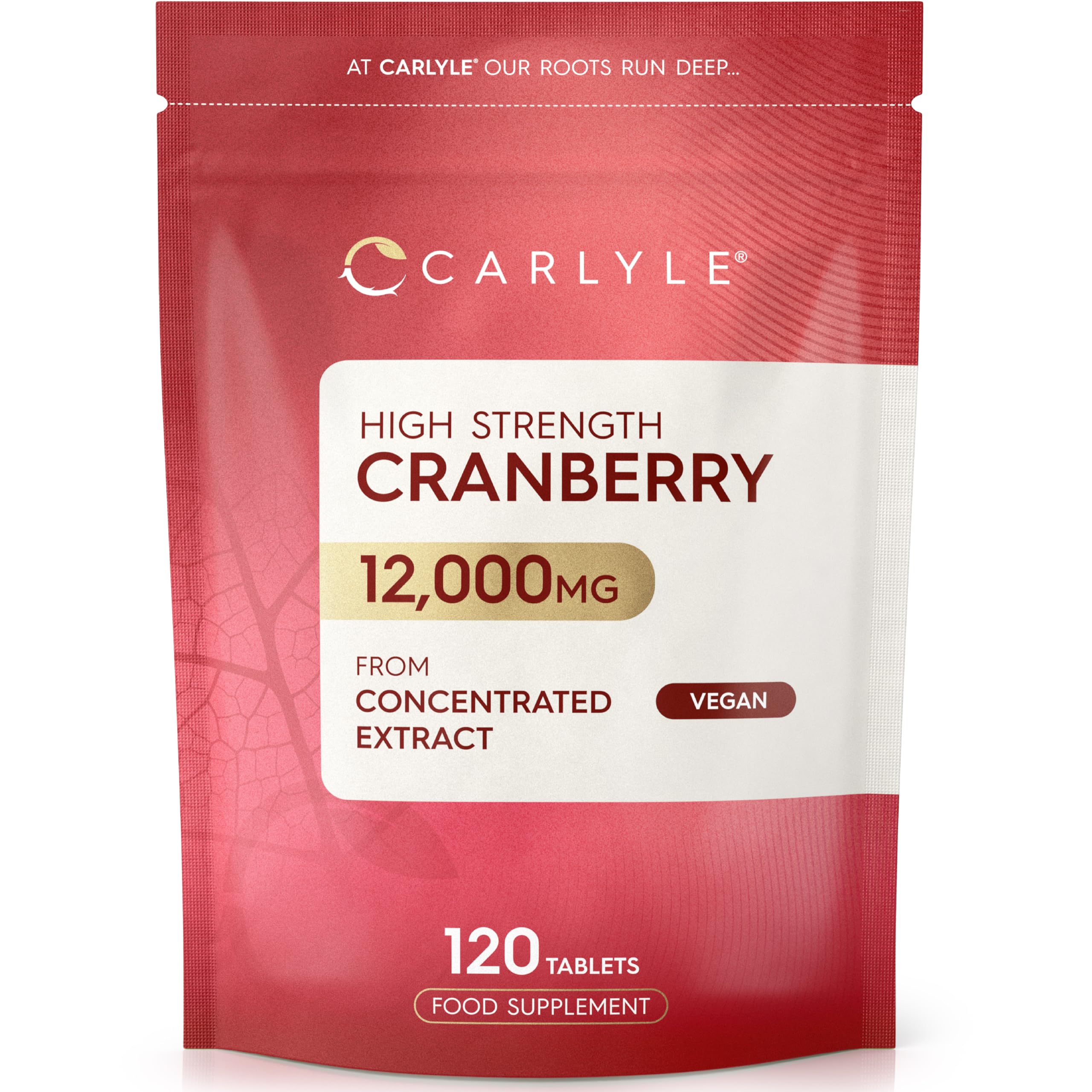 Cranberry Tablets for Women & Men 12,000mg | 120 High Strength Vegan Supplements | 2 Months Supply | 50:1 Cranberry Concentrate Extract | Carlyle
