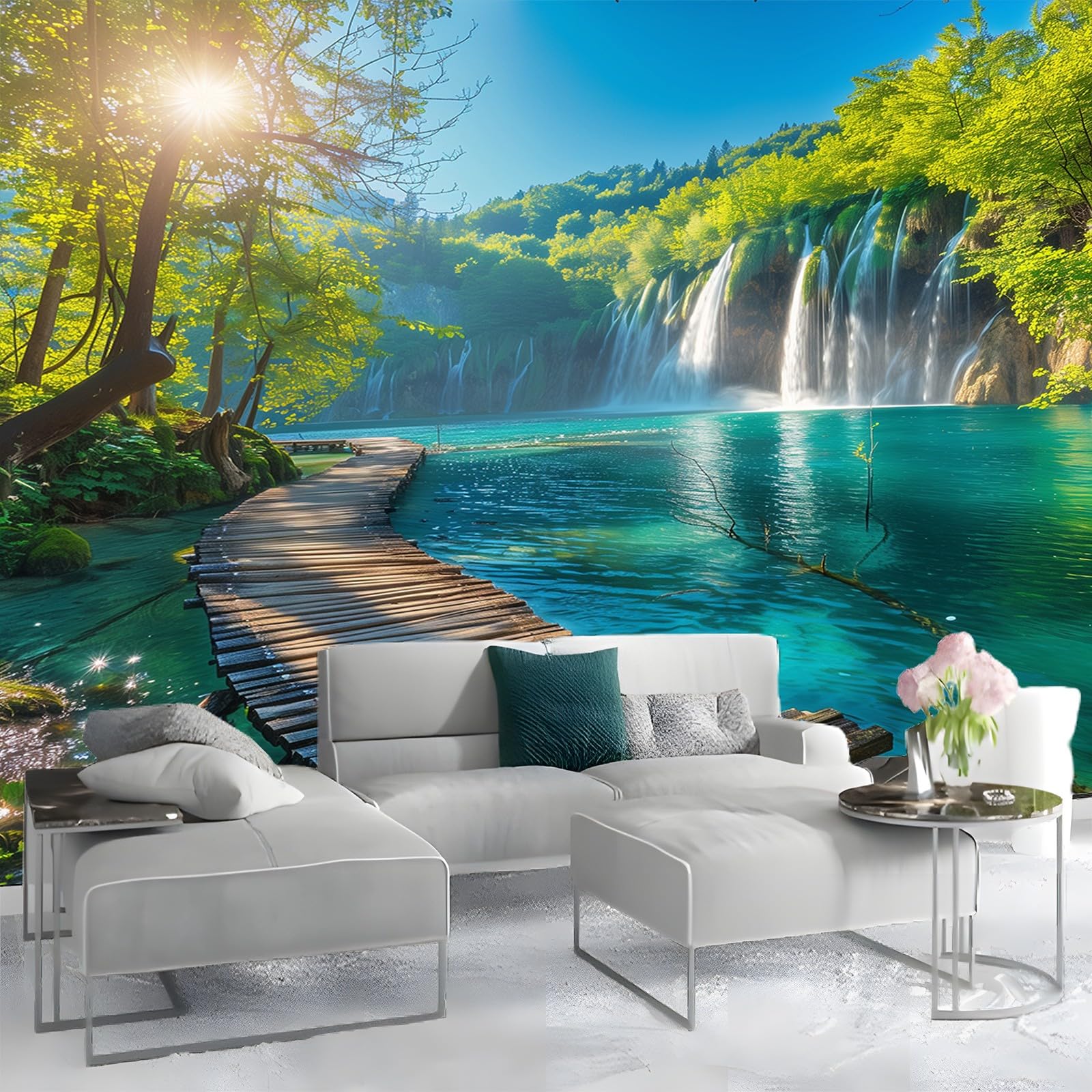 Vlies Fototapete Malerischer Wasserfall Auf Einer Holzbrücke 350x256 cm Art Mauer VliesTapete Wandtapete Wanddeko Wand Wohnzimmer Schlafzimmer Wohnung Wandbilder