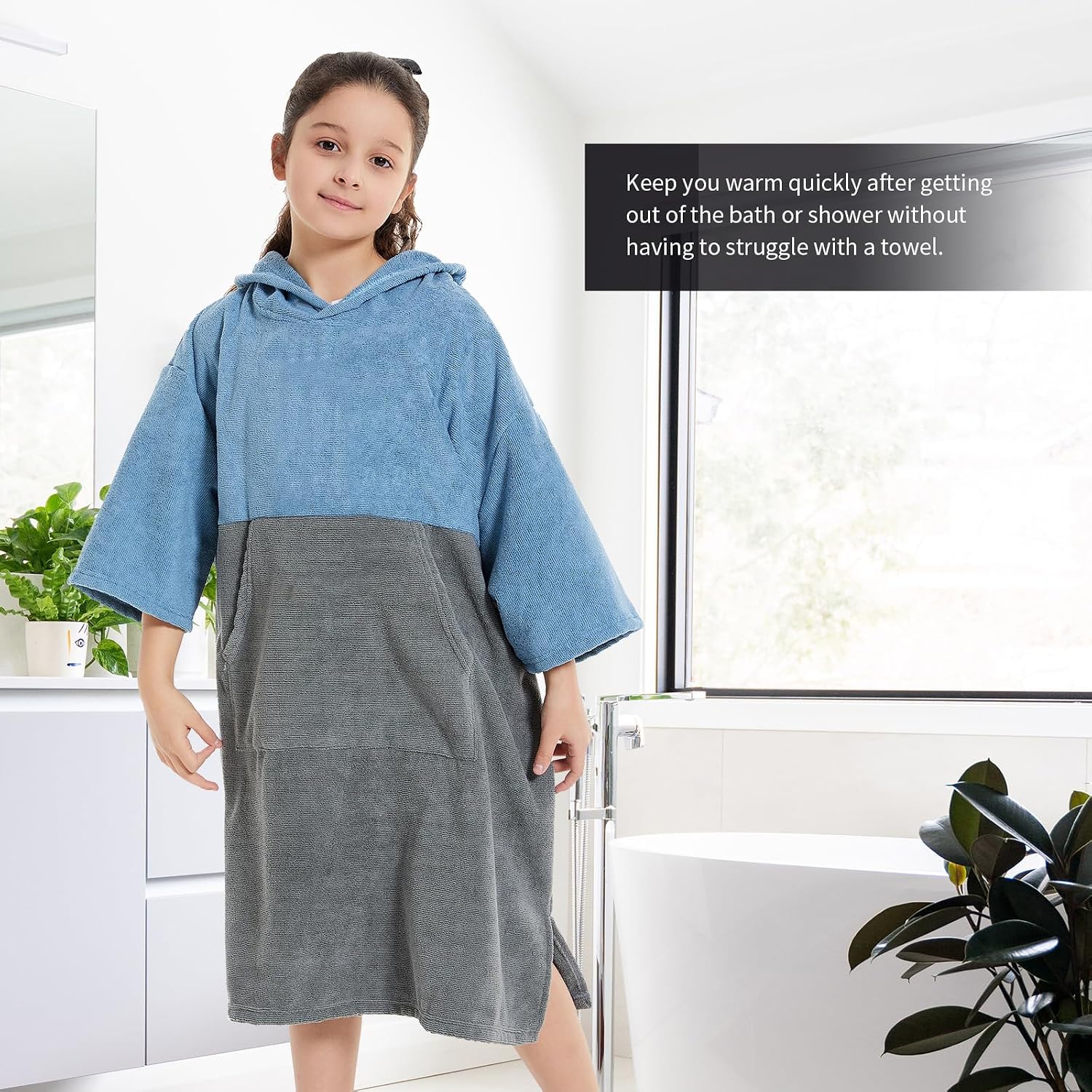 Color Blocking Surf Poncho for Kids, Oversize Changing Towel Changing Robe with Hood for Surfing Swimming Water Sports (Blue+Grey)