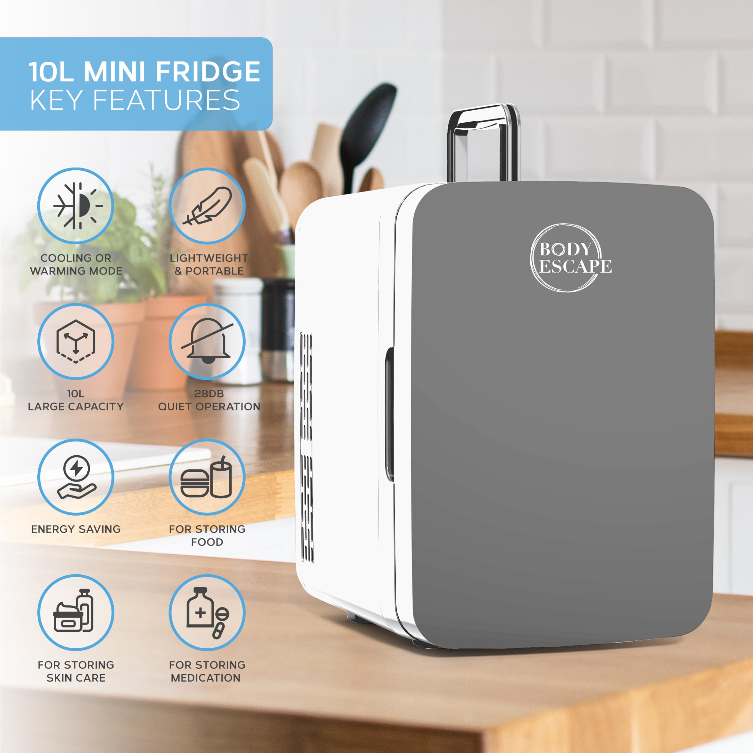 Body Escape Mini Fridge For Skincare & Make-Up - Glass Door Beauty Mini Fridges - Birthday Gifts For Her Skin Care - Portable, Compact, Small & Quiet Skincare Fridge For Makeup - 10L Grey
