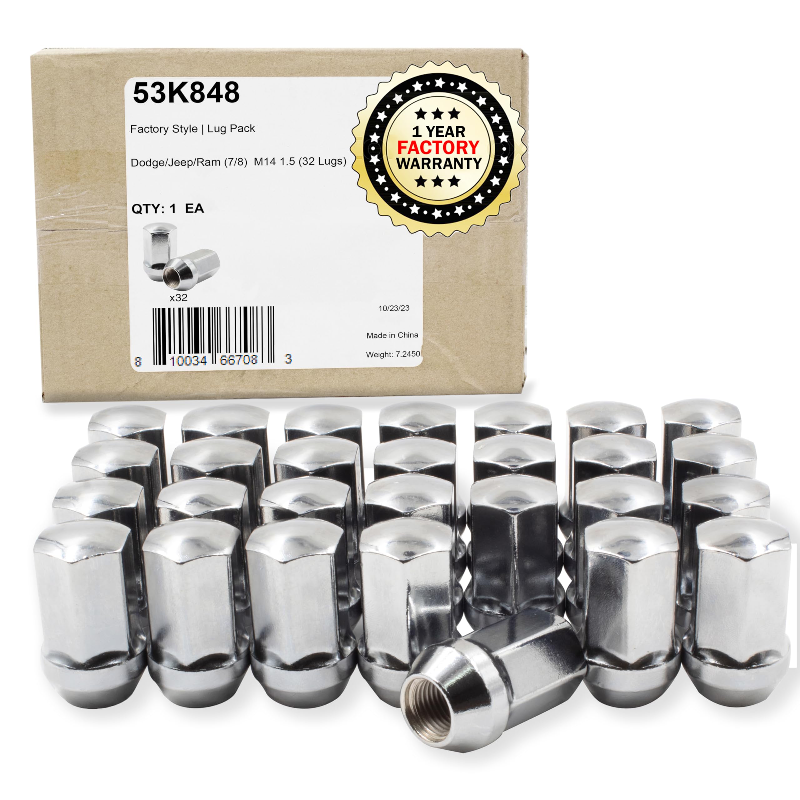 Wheel Accessories Parts 32 Pcs M14x1.5 14x1.5 Thread OEM Style Lug Nuts 1.65" Long Chrome 7/8" 22mm Hex Fits RAM 2500 | 3500 6509422AA | 611-330