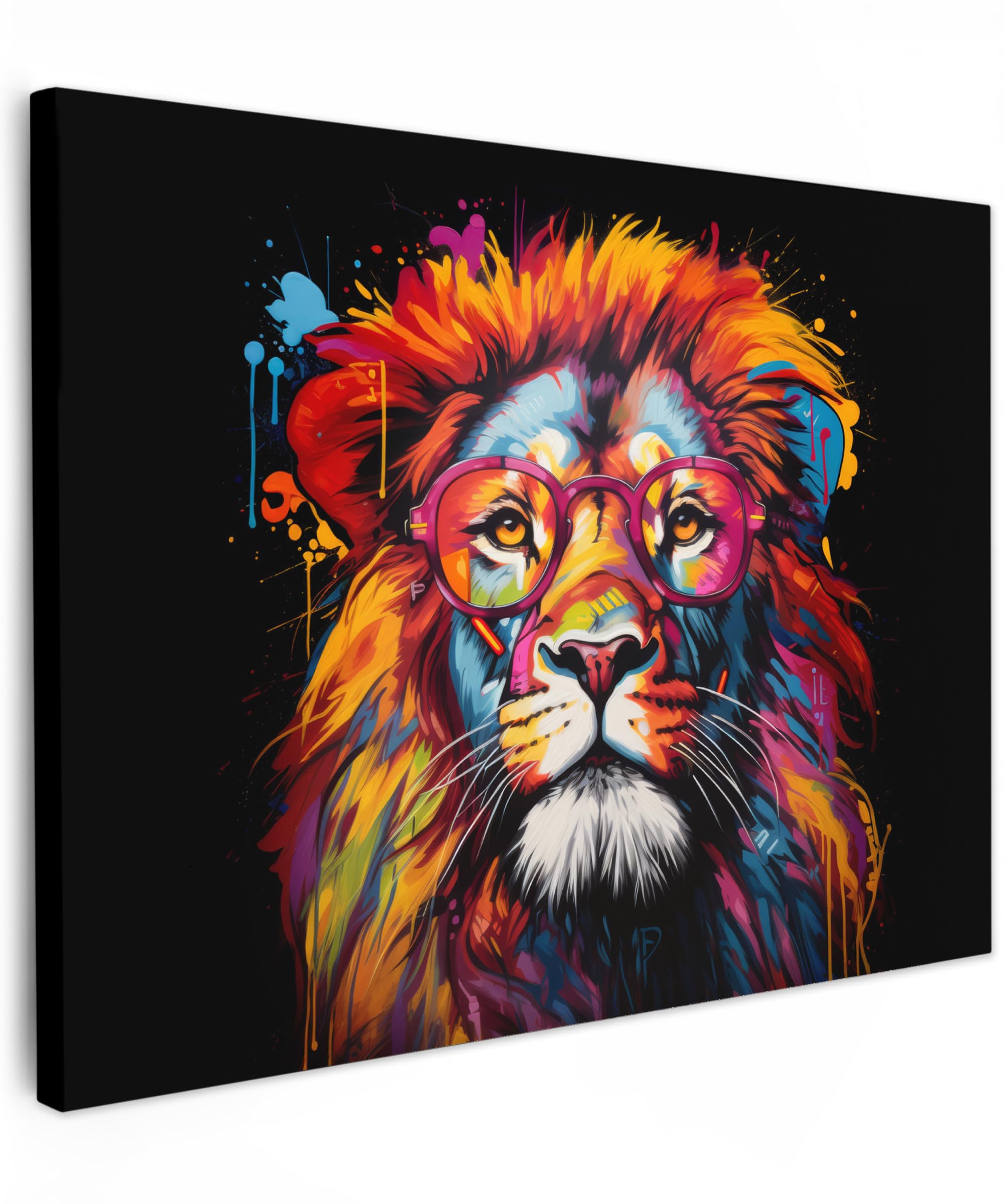 MuchoWow© Canvas Wall Art 16"x12" / 40x30 cm Decor Prints for Living Room Decorative Canvases Hall Artwork Graffiti - Lion - Glasses - Black - Banksy