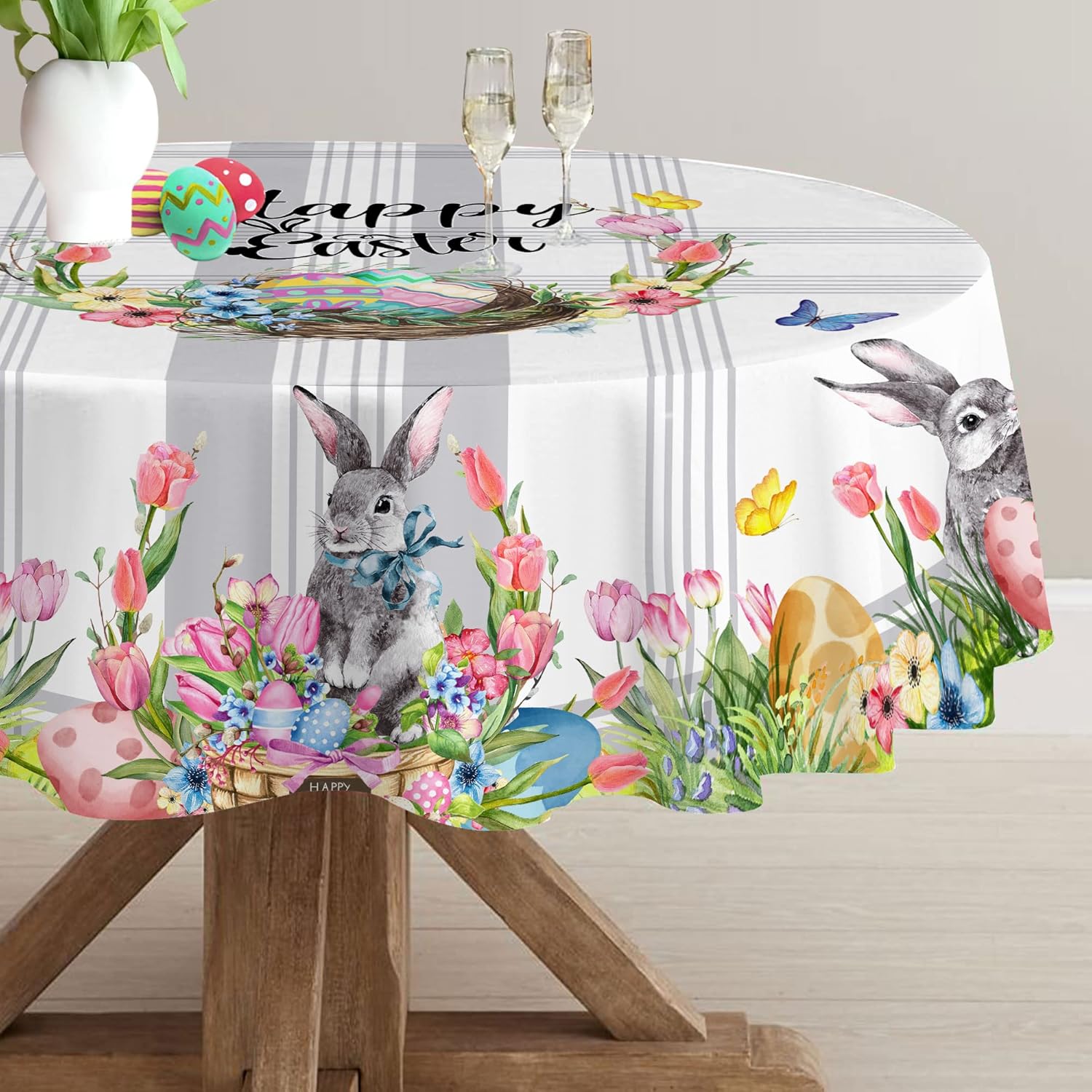 Hexagram Round Easter Tablecloth 70 Inch, Easter Table