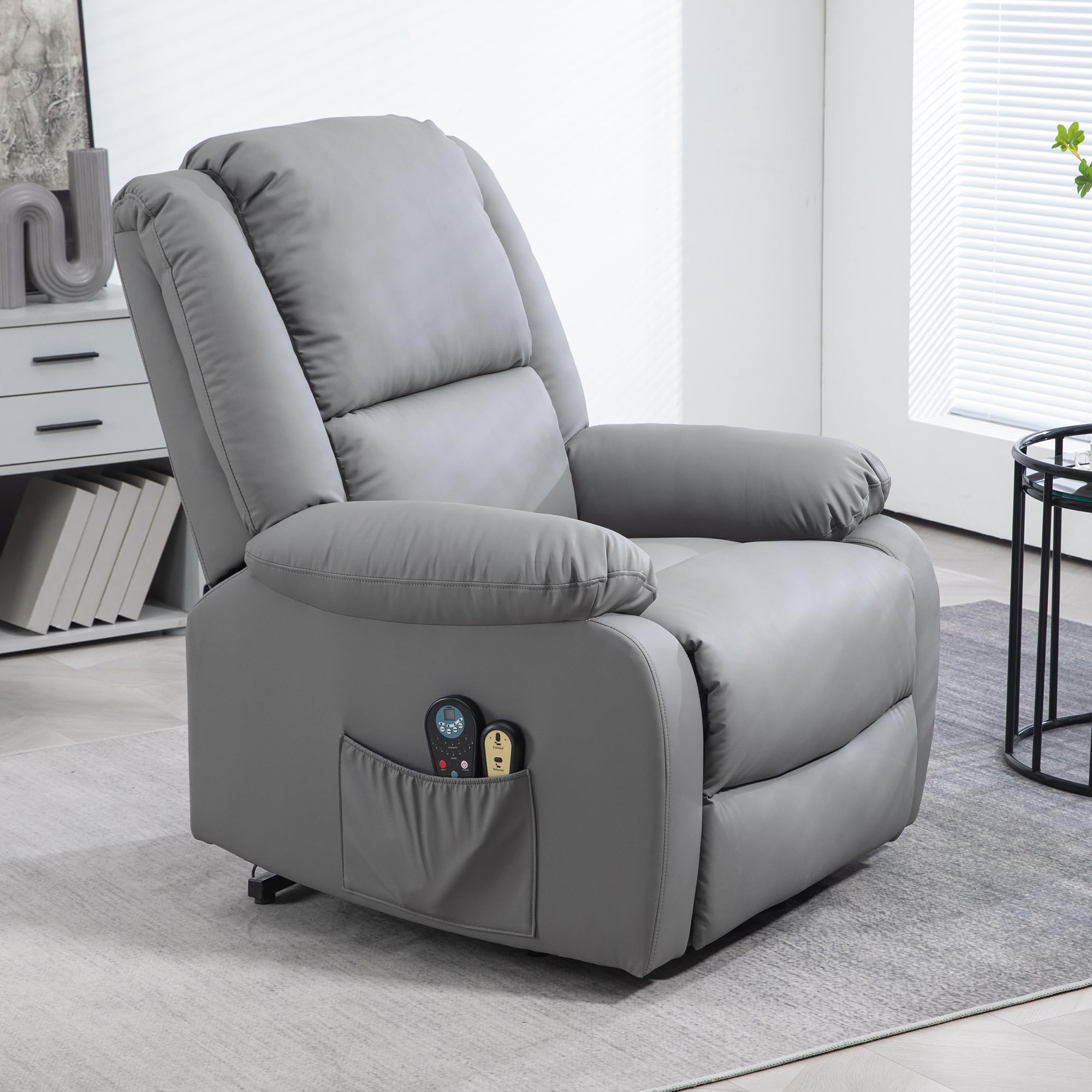 HOMCOM Sillón Relax Reclinable Eléctrico Levanta Personas Sillón Elevador con 8 Punto de Masaje Calor Lumbar 2 Controles Remotos Reposapiés Tela Resistente a los Arañazos y Bolsillo Lateral Gris