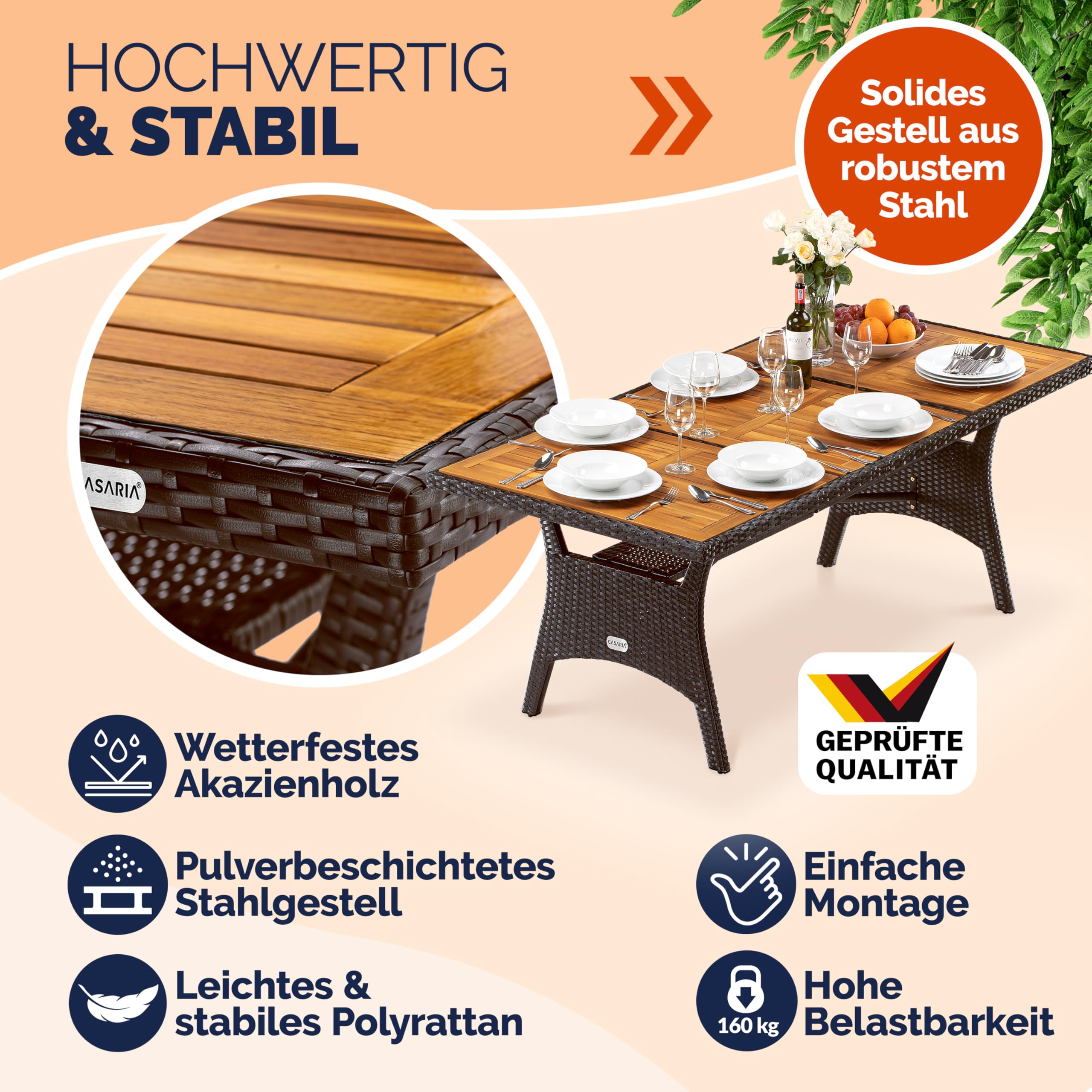 Casaria® Polyrattan Gartentisch mit Ablage FSC®- zertifiziertes Akazienholz 190x90 cm Höhenverstellbar Wetterfest Garten Terrasse Esstisch Tisch Braun