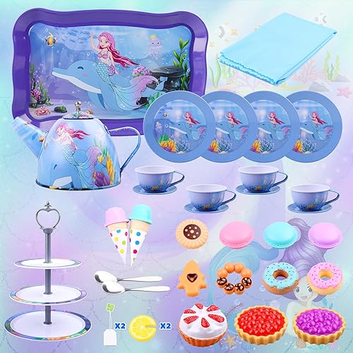 Miniatura 2 de Auney Juego de té para niñas, 36 piezas, regalos de sirena para niños pequeños de 3 a 6 años, juguetes para niñas, regalos para fiestas, incluyendo