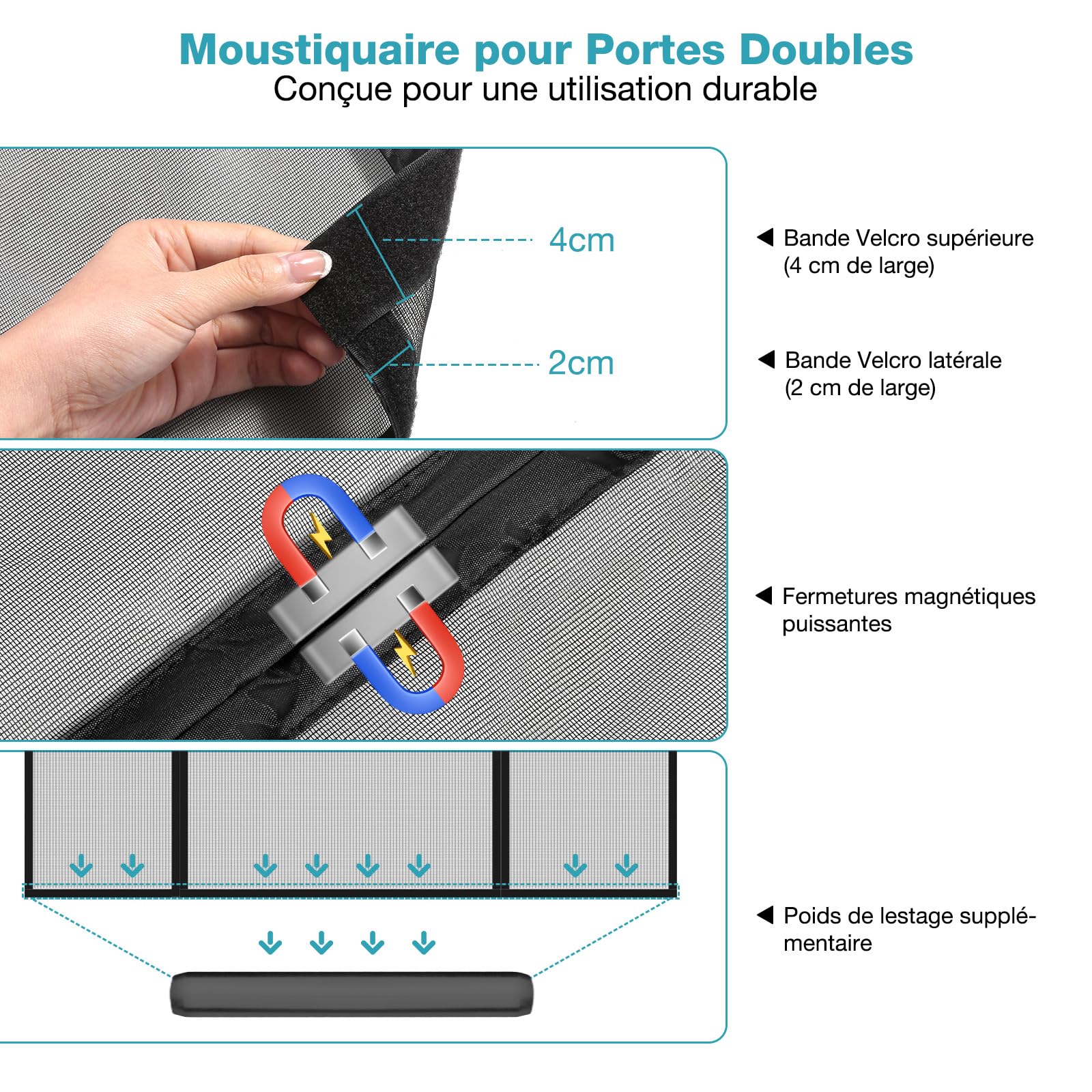 Moustiquaire Porte Fenetre 240x220 cm, Moustiquaire Aimantée Double Ouverture Latérale, Lumière Translucide Fermeture Automatique, pour Entrée Balcon Patio Porte Fenêtre, Noir