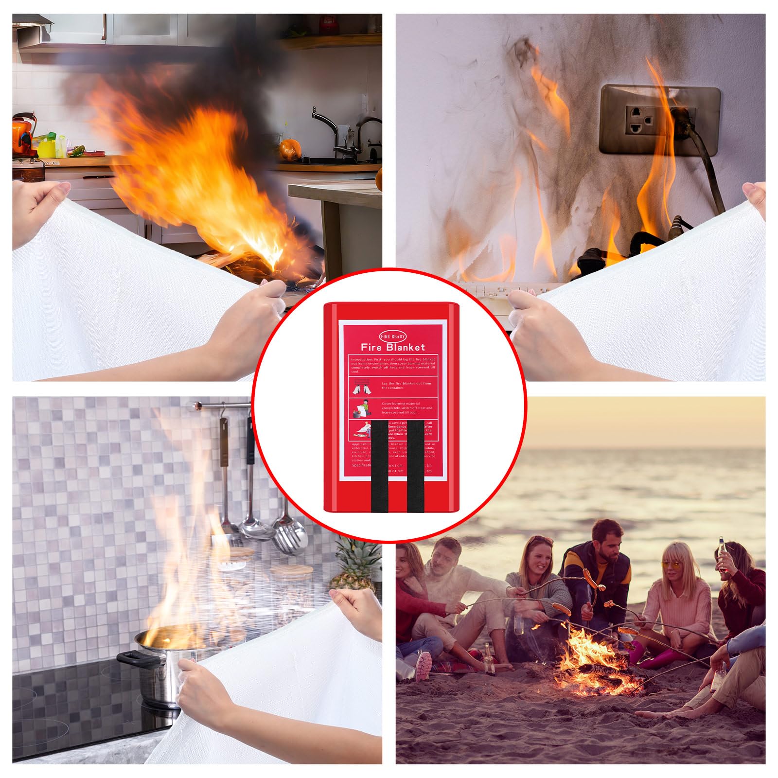 Copkim Paquete de 4 mantas de emergencia contra incendios, manta de fibra de vidrio para supresión de incendios con caja, ignífuga, manta ignífuga, cubierta de supervivencia de seguridad para el