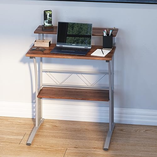 Miniatura 3 de HBCY Creations Escritorio pequeño para computadora, acabado de arce, marco de acero plateado, 28 pulgadas de ancho, plataforma elevada para monitor,