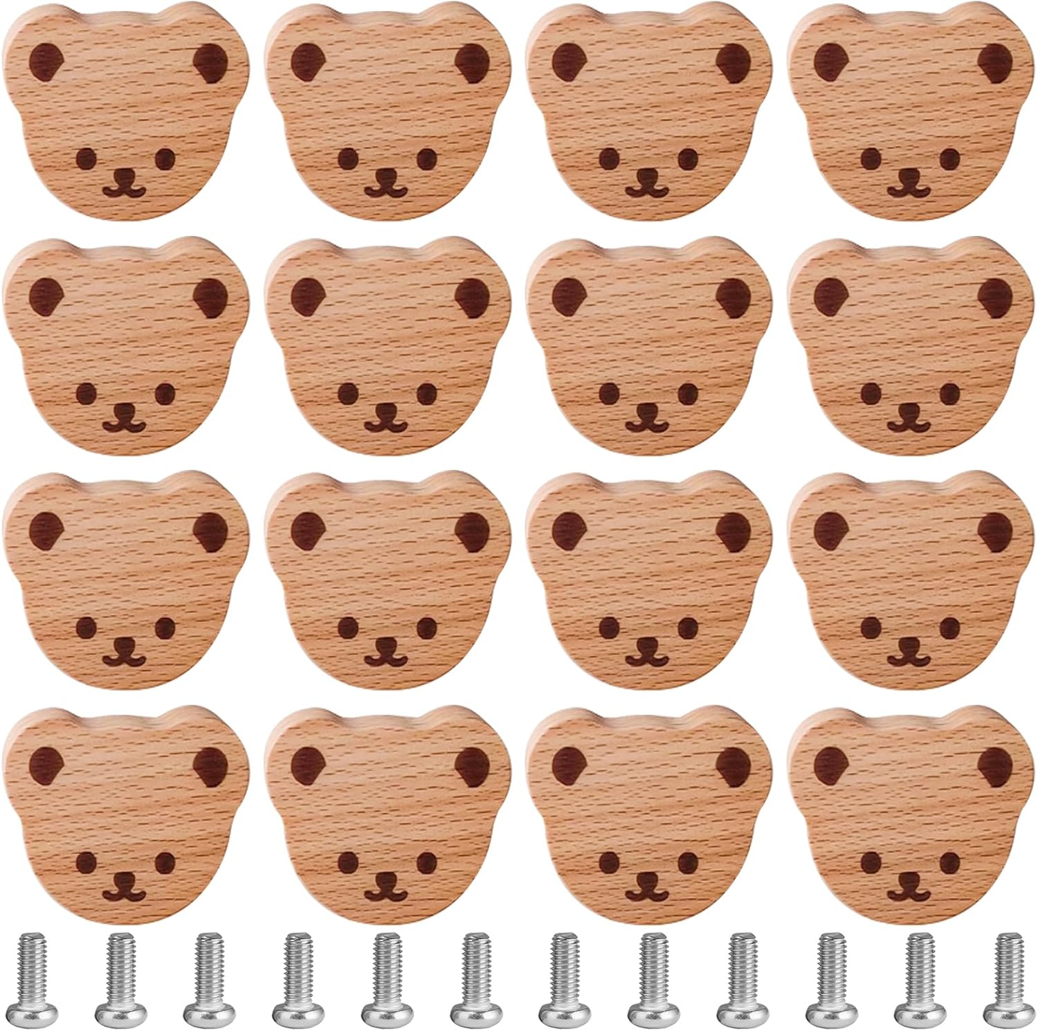 Pack of 12 Bear Cupboard Knobs Wooden Drawer Drawers with Screws Furniture Knobs Drawer Knobs Wooden Handles for Cupboards Children's Room Cabinet Handles Made of Beech Wood for Cupboards Dressers