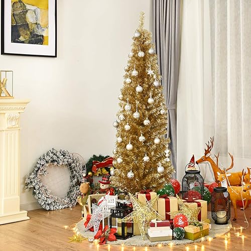Miniatura 7 de DORTALA Árbol de lápiz galvanizado de 6 pies, árbol de Navidad delgado con soporte de metal, decoración de Navidad para y exteriores, dorado champán