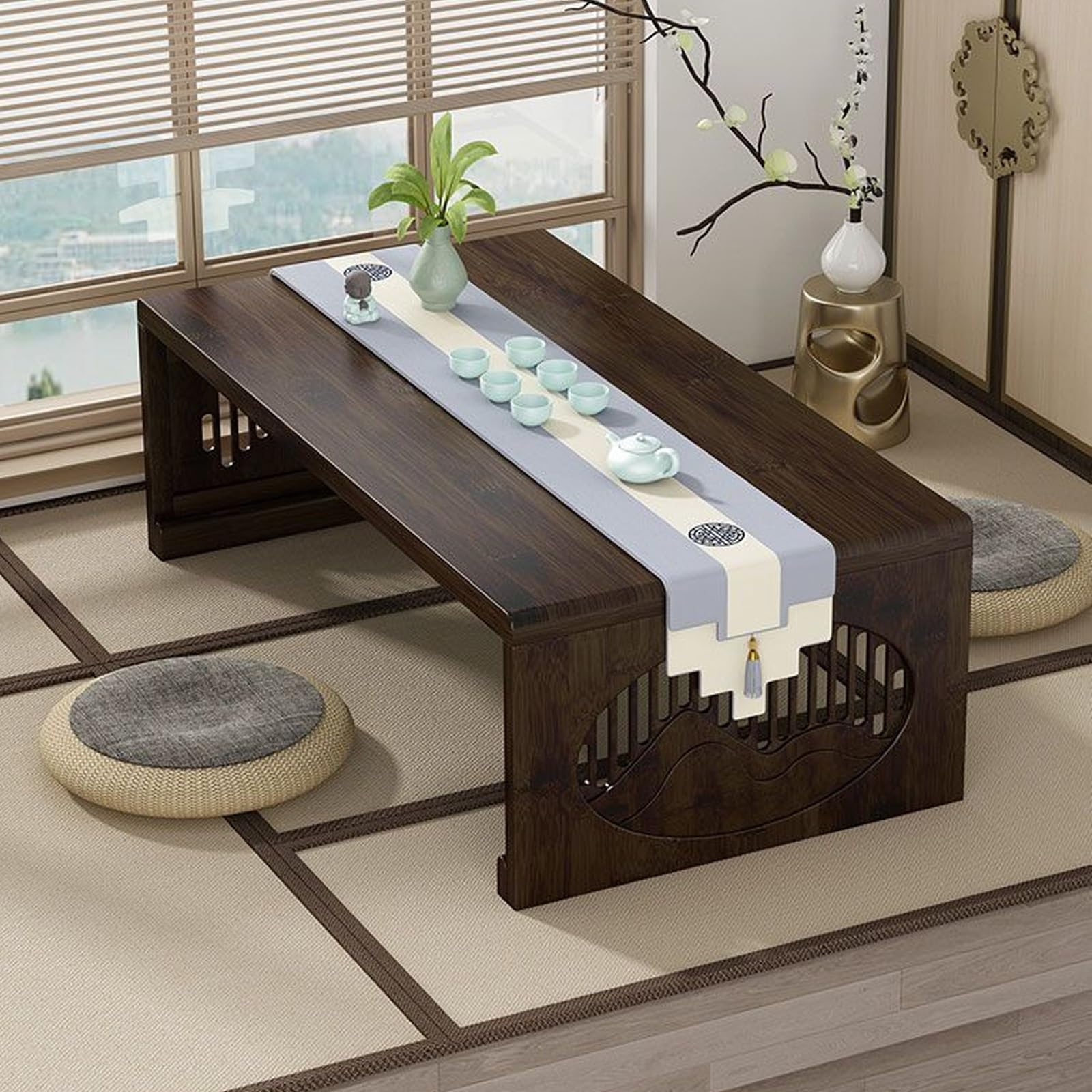 Table basse japonaise bois massif pliable marron salon 120cm