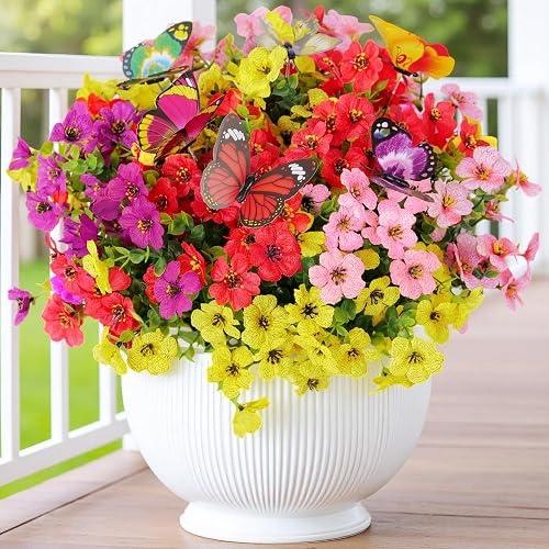 20 Bundles Artificial Flowers for Outdoors‌ and 6 Faux Butterflies, UV Resistant and No Fade, ‌Fake Flowers for Garden Patio Porch Home Decor Wedding Spring Easter Mother's Day (Mix 4 Colors)