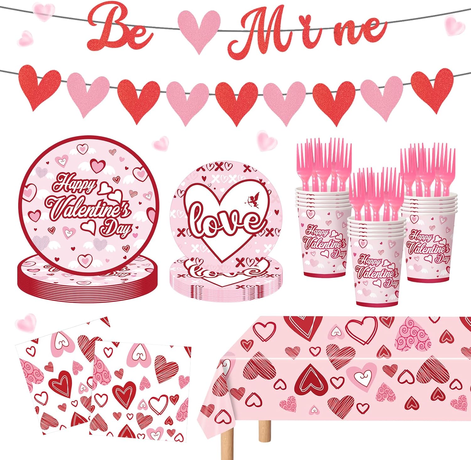 122PCS Valentine's Day Party Supplies Pink Heart Paper Plates Napkins Banner Tablecloth Tableware Set for Valentine's Day Party Decorations Serves 24