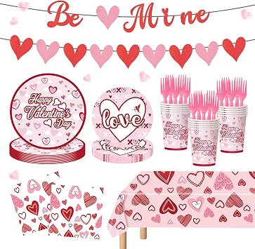 122PCS Valentines Day Party Supplies Pink Heart Paper Plates Napkins Banner Tablecloth Tableware Set for Valentines Day Party Decorations Serves 24