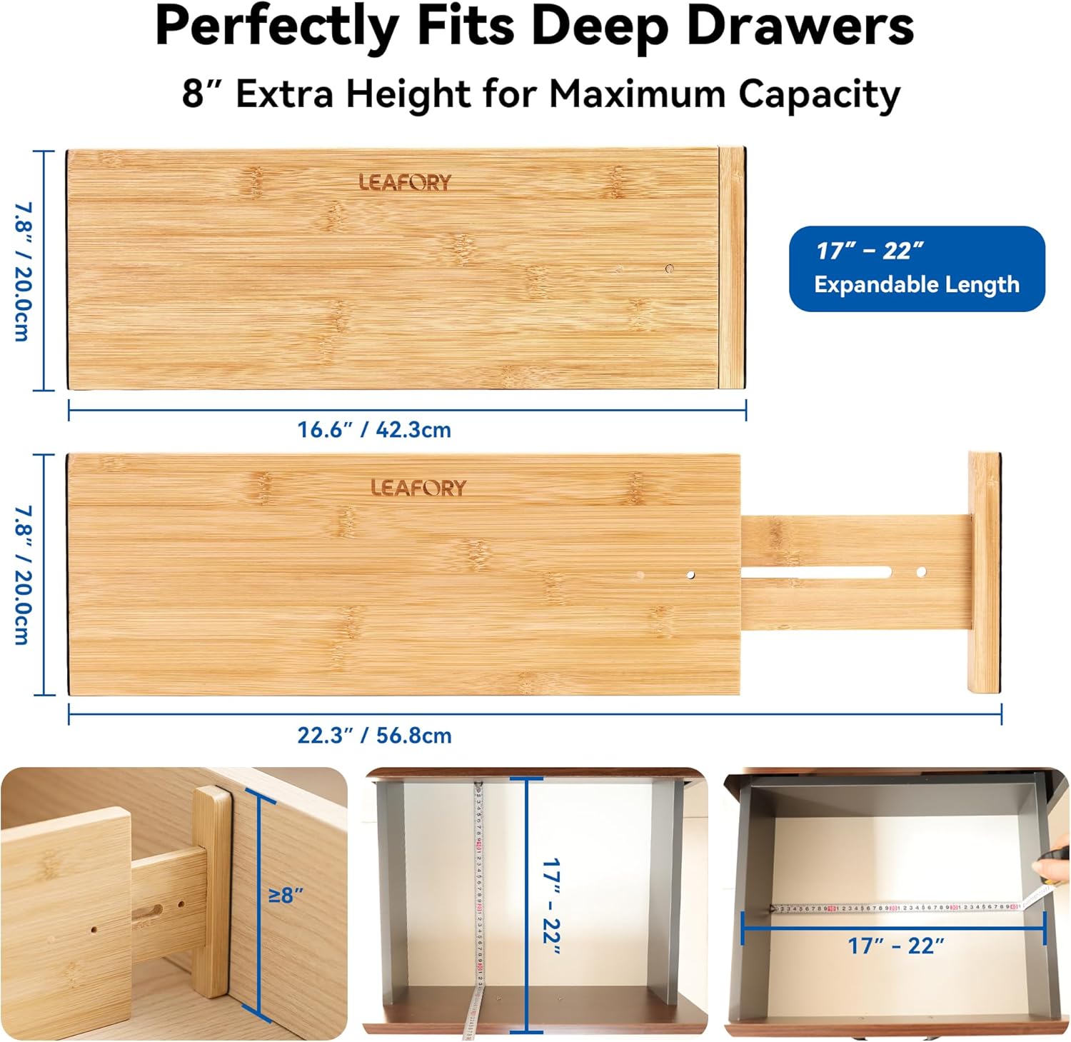 4 Pack Deep Drawer Dividers, 8" High Bamboo Expandable Drawer Organizers, 17-22" Adjustable Tension Separators, Large Drawer Dividers for Kitchen, Bedroom Dresser, Baby Nursery & Bathroom