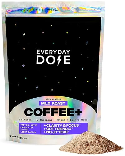 Everyday Dose Premium Adaptogenic Mushroom Coffee with Grass-Fed Collagen, Chaga, Lions Mane & L-Theanine for Better Focus, Energy, Digestion, Skin, and Immunity 30 Servings - Mild Roast