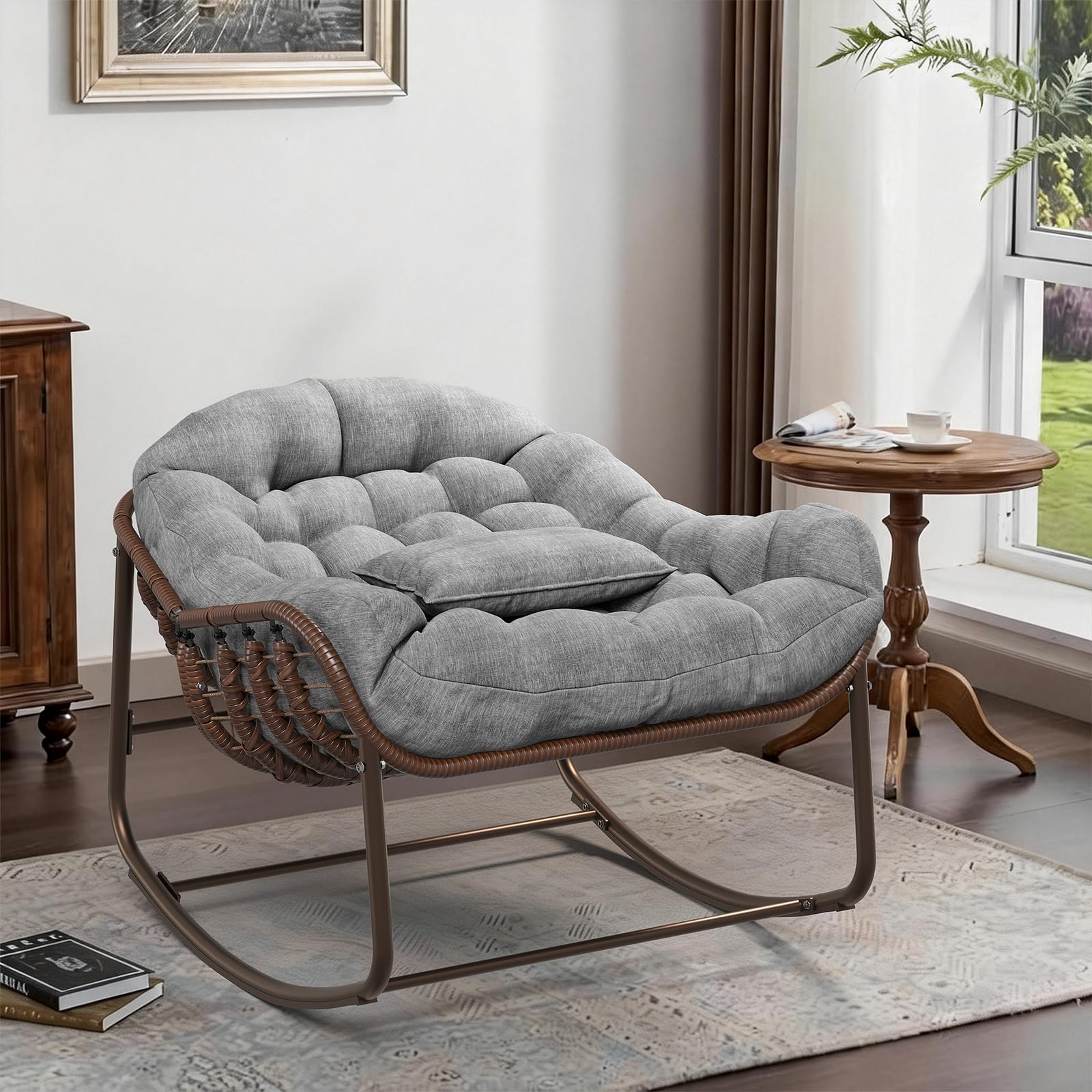 Papasan Schaukelstuhl Übergröße für Garten & Balkon – Rattan Ei-Design, Dicke Polsterung, Metallrahmen – Bequemer Outdoor & Indoor Lounge Sessel für Terrasse, Wohnzimmer, Schlafzimmer –