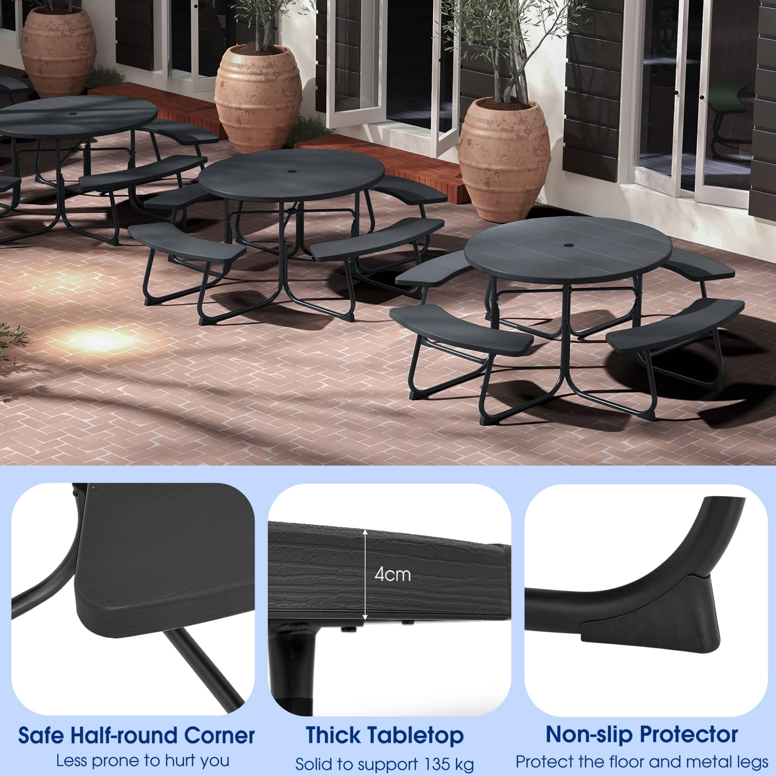 KOMFOTTEU Set di Tavolo da Picnic Rotondo per 8 Persone, Set di Sedie e Tavolo con Foro per Ombrellone, Mobili da Giardino con 4 Panche, in HDPE e Metallo, φ190 x 76 cm (Nero)