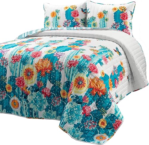 Miniatura 3 de Lush Decor Southwest Vibrant Cactus - Juego de edredón reversible de 3 piezas, tamaño matrimonialqueen, turquesa y naranja
