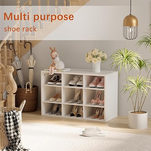 Miniatura 5 de Garden 4 you Banco de almacenamiento de zapatos, zapatero con 9 cubículos, organizador de zapatos de madera de 3 niveles, armario organizador de