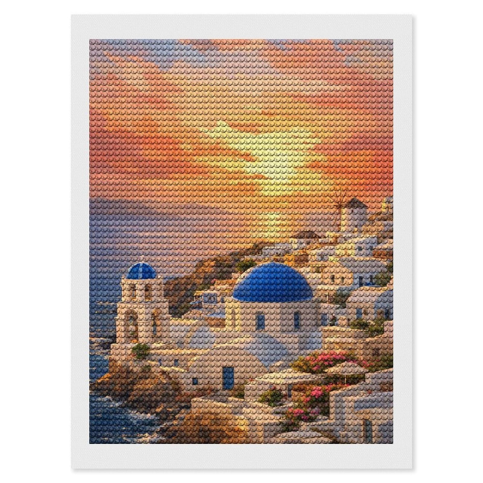 Junmoney Santorini Sunset Village Painting Diamond Painting Canvas Set 12"x16", for Women, Mindful Craft Activity, Cosy Home Accent, Festive Craft Gift