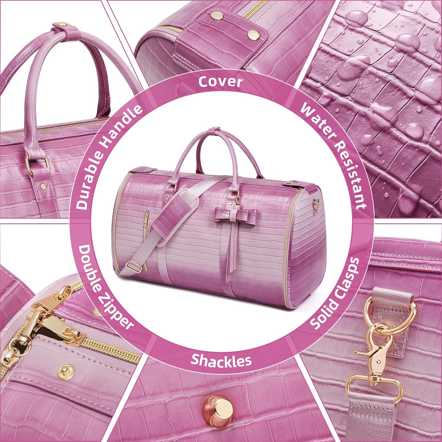 Garment Bags for Travel, 2-in-1 Convertible Travel Garment Duffle Bag for Women, Foldable Carry On Garment Bag with Shoe Compartment & Toiletry Pocket, PU Leather Weekender Bag, Pink-White - Image 5