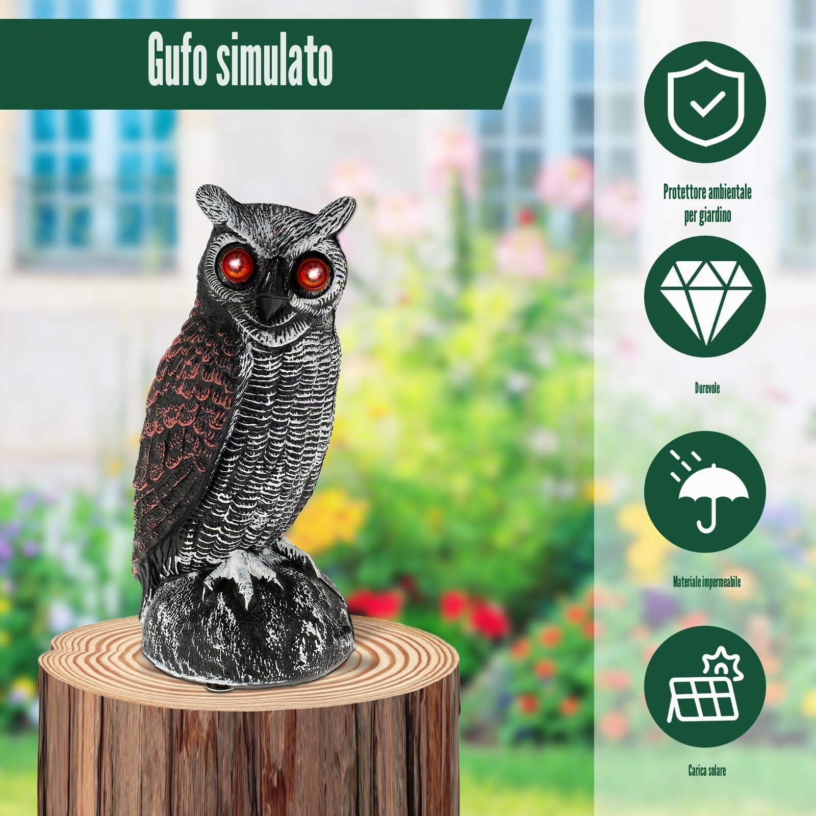 NIHUIFDPY Gufo finto solare con occhi rossi luminosi, 2 modalità di lavoro, gufo realistico deterrente per uccelli, deterrente spaventapasseri attivato per tenere lontani gli uccelli per giardino