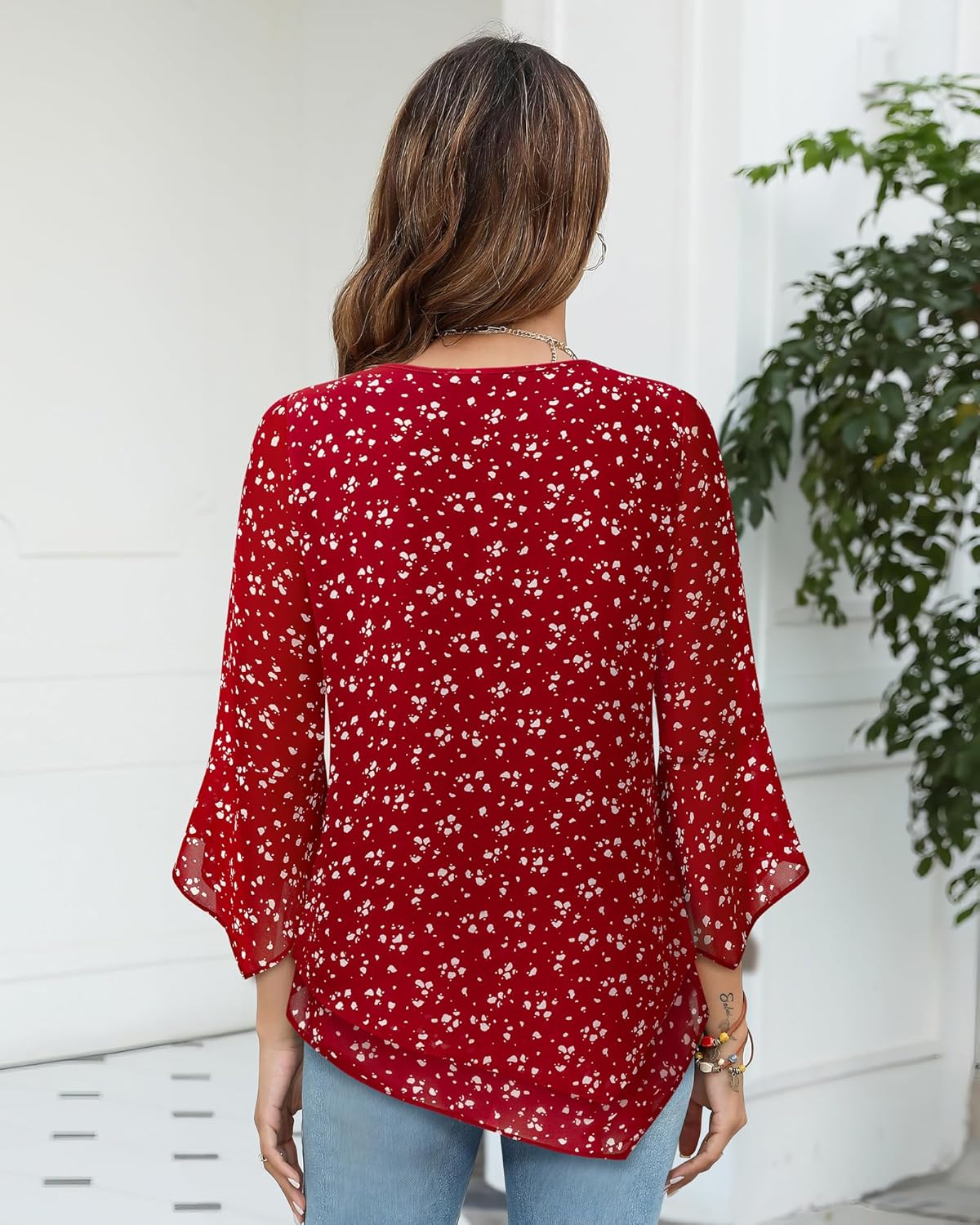 Furnex Blouses for Women Dressy Casual 3/4 Ruffle Sleeve V Neck Chiffon Double Layers Business Casual Tops for Women - Image 5