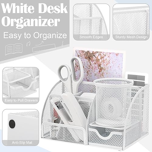 Miniatura 3 de Organizadores de escritorio y accesorios 11 en 1, suministros de oficina blancos, incluye grapadora blanca, dispensador de cinta, soporte para
