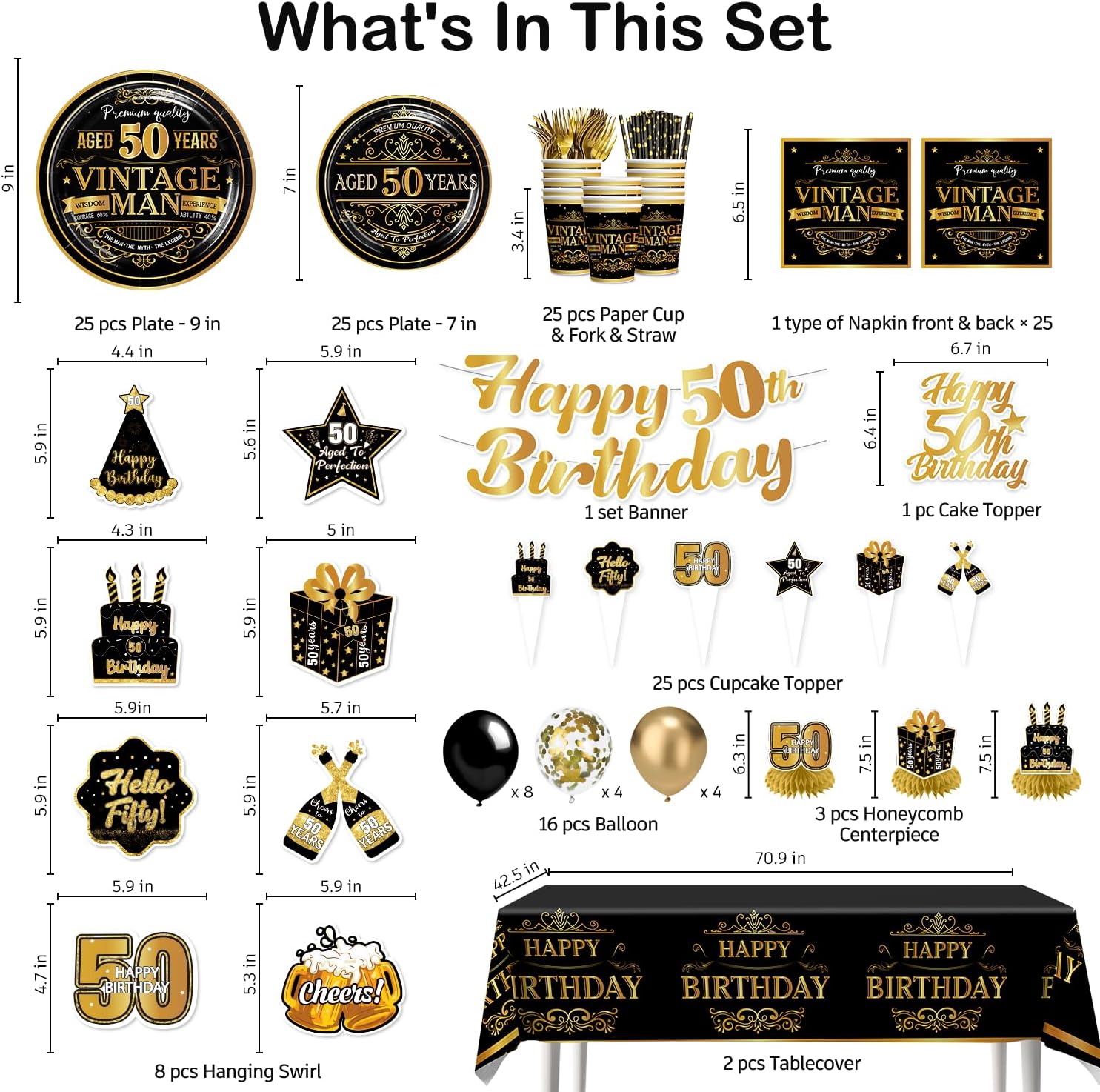 206pcs Black and Gold 50th Birthday Decorations for Him Complete Party Set, for 25 Guests, Disposable Happy 50th Plates, Napkins, Pre-strung Banner to 50 th Birthday Decorations for Men - Image 2