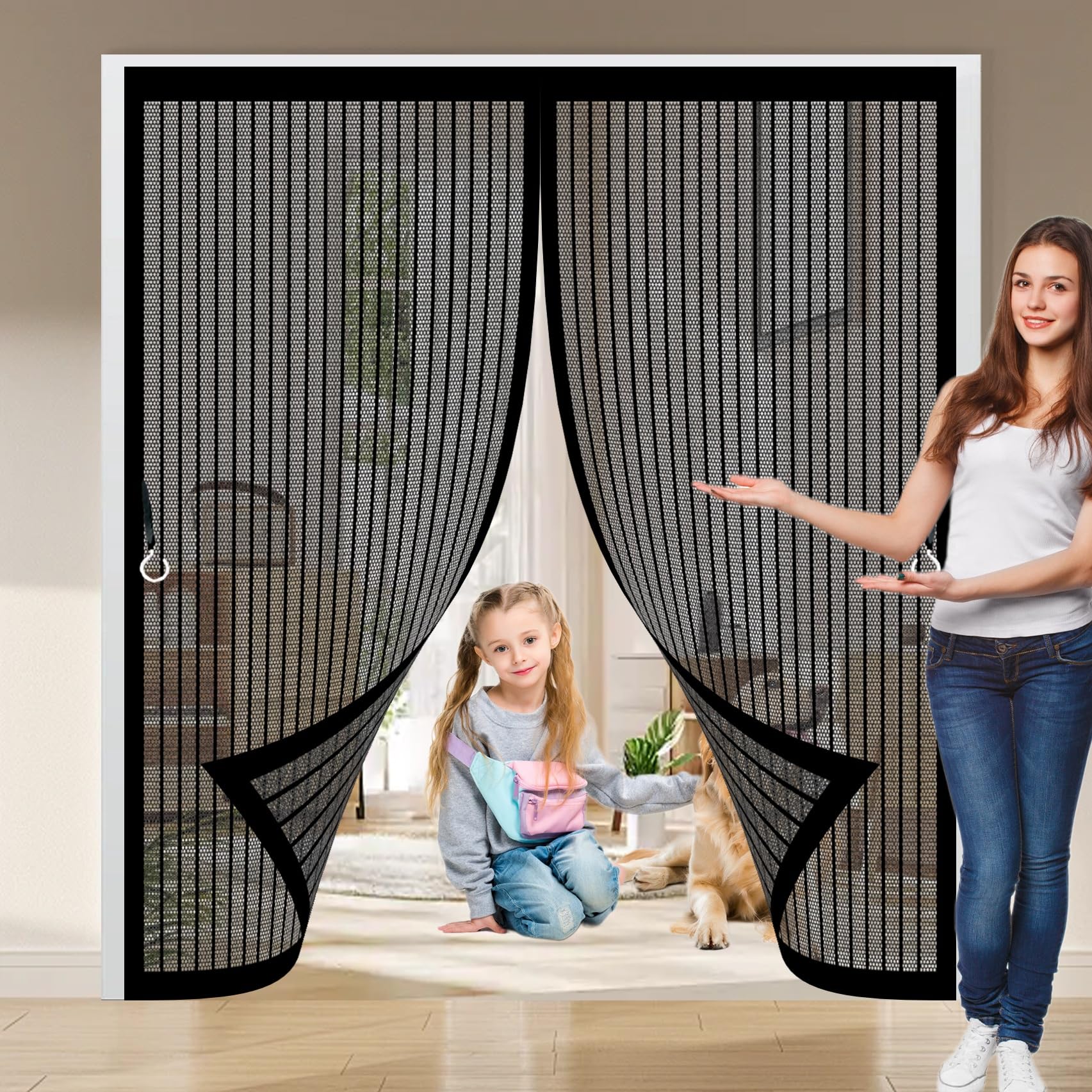 Fly Nets for Doors 170 x 210 cm with Powerful Magnets & Full Frame Magic Tape No Gap, Lets Fresh Air in, Keep Bugs Out Magnetic Door Screen for Patio Doors Bedroom, Black