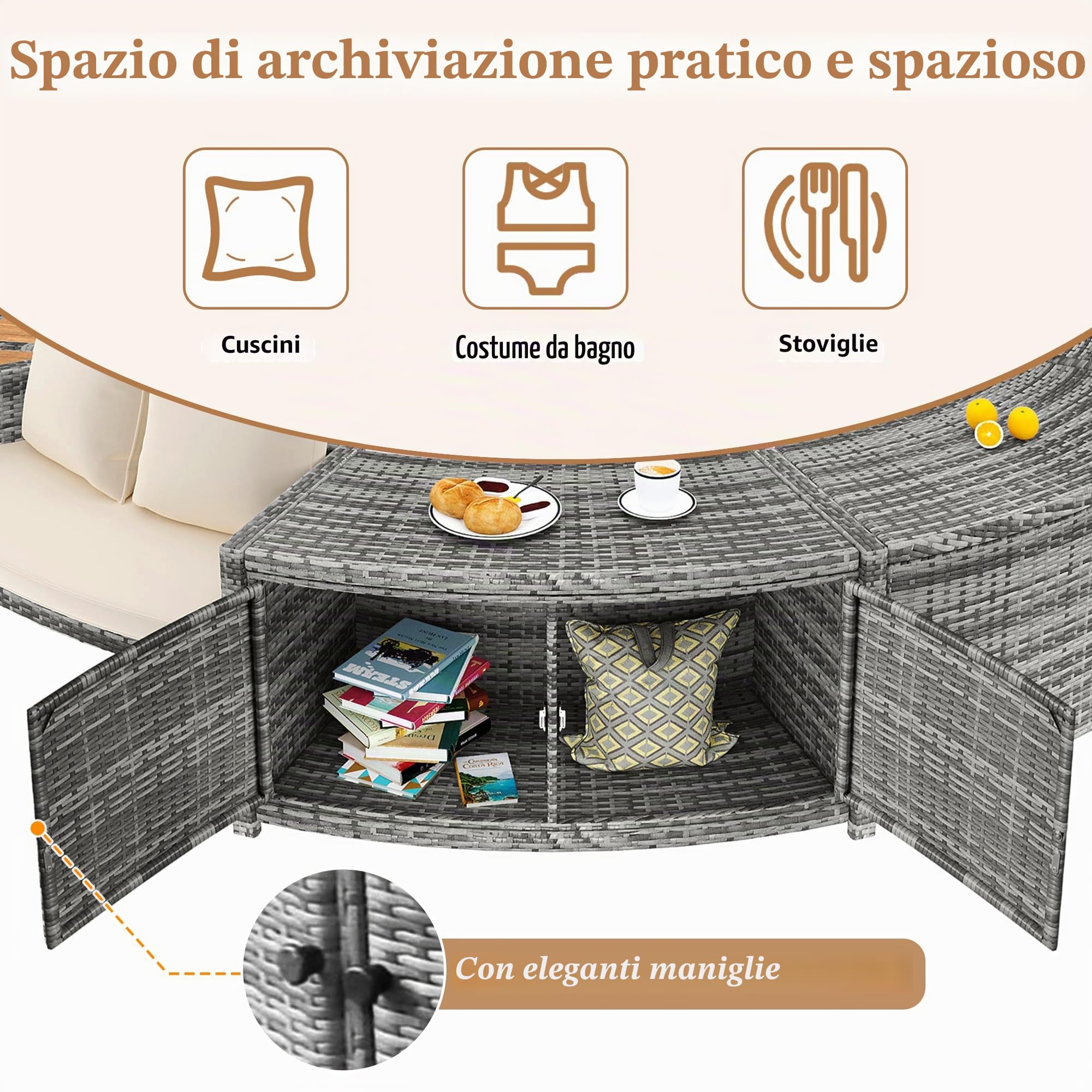 Shye Set da giardino con divano rotondo, set di mobili da giardino, set da salotto per vasca idromassaggio e piscina, con gambe regolabili, include cuscini, mobili per patio, giardino o piscina