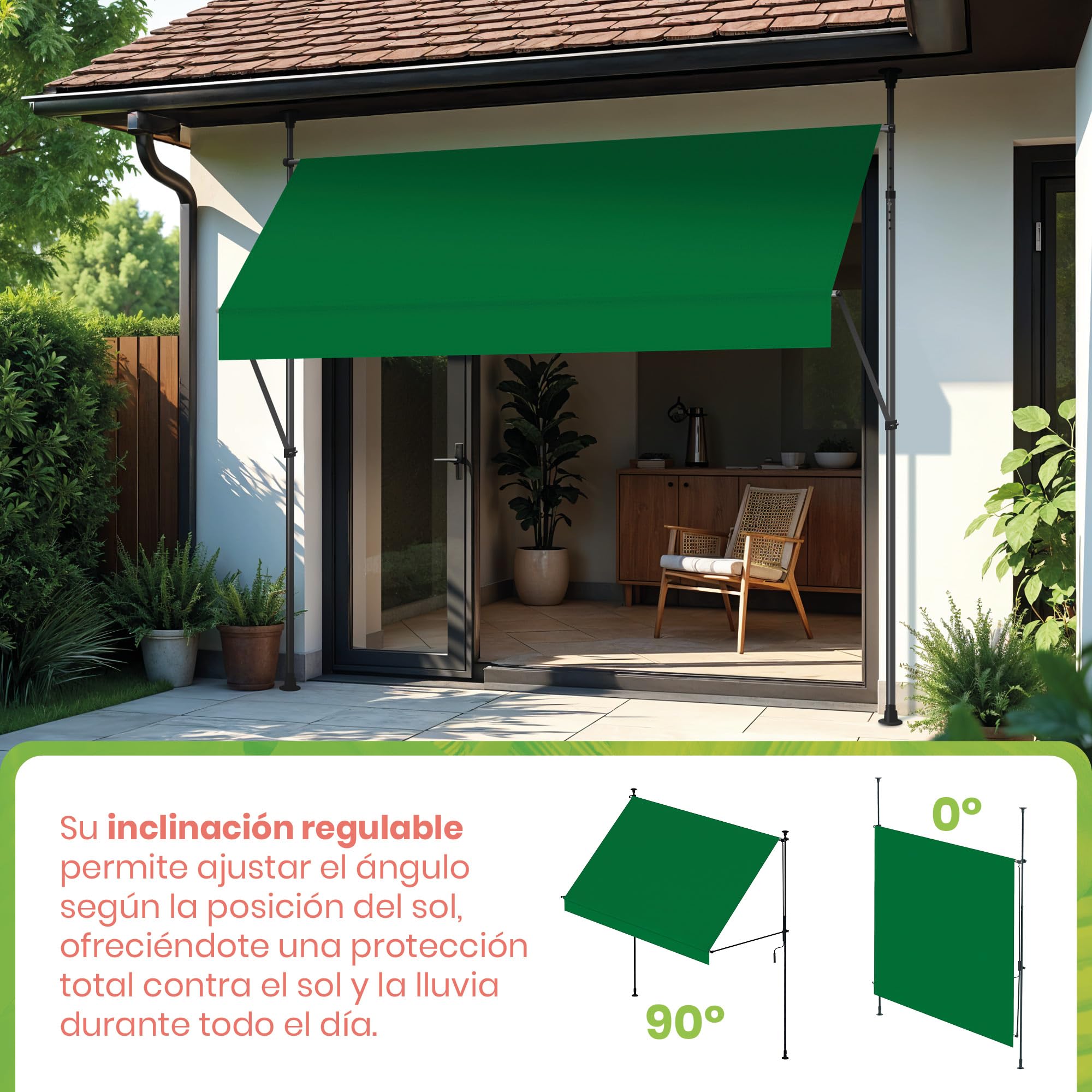 Wasabi Cityline Auvent Portable et réglable sans perçage en Toile Polyester Protection UV Inclinaison réglable Résistant pour extérieur, Jardin, Balcon (Vert)