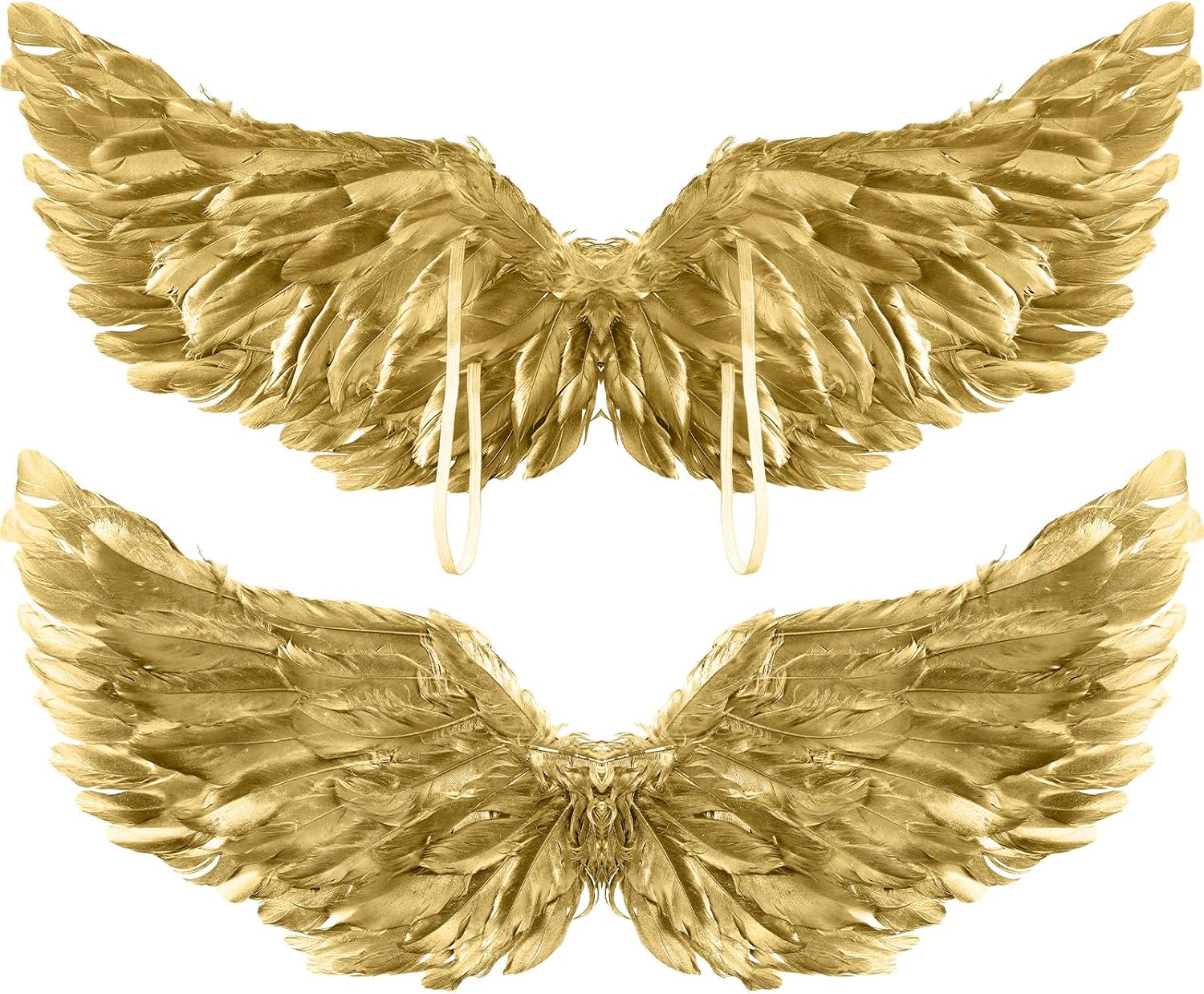 Jenaai 2 Pieces Halloween Angel Wings Feather Wings with Elastic Straps Cosplay Wing for Halloween Costume Party Women (23.62 x 13.78 inches,Gold)