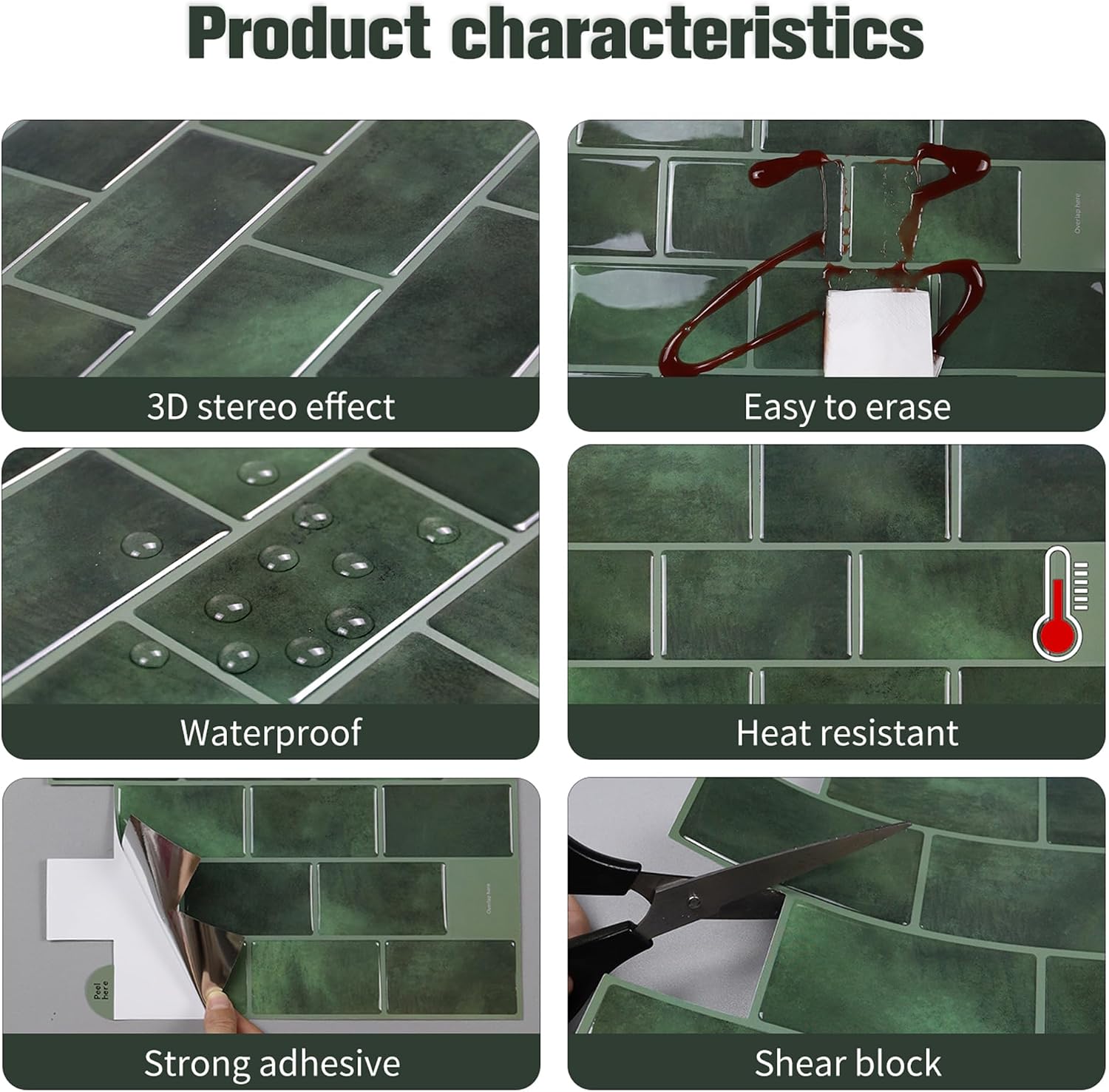 10-Pack Green Peel and Stick Backsplash Tiles 12"x12" | Self-Adhesive, Waterproof, Vinyl Tile, For Kitchen Bathroom Wall