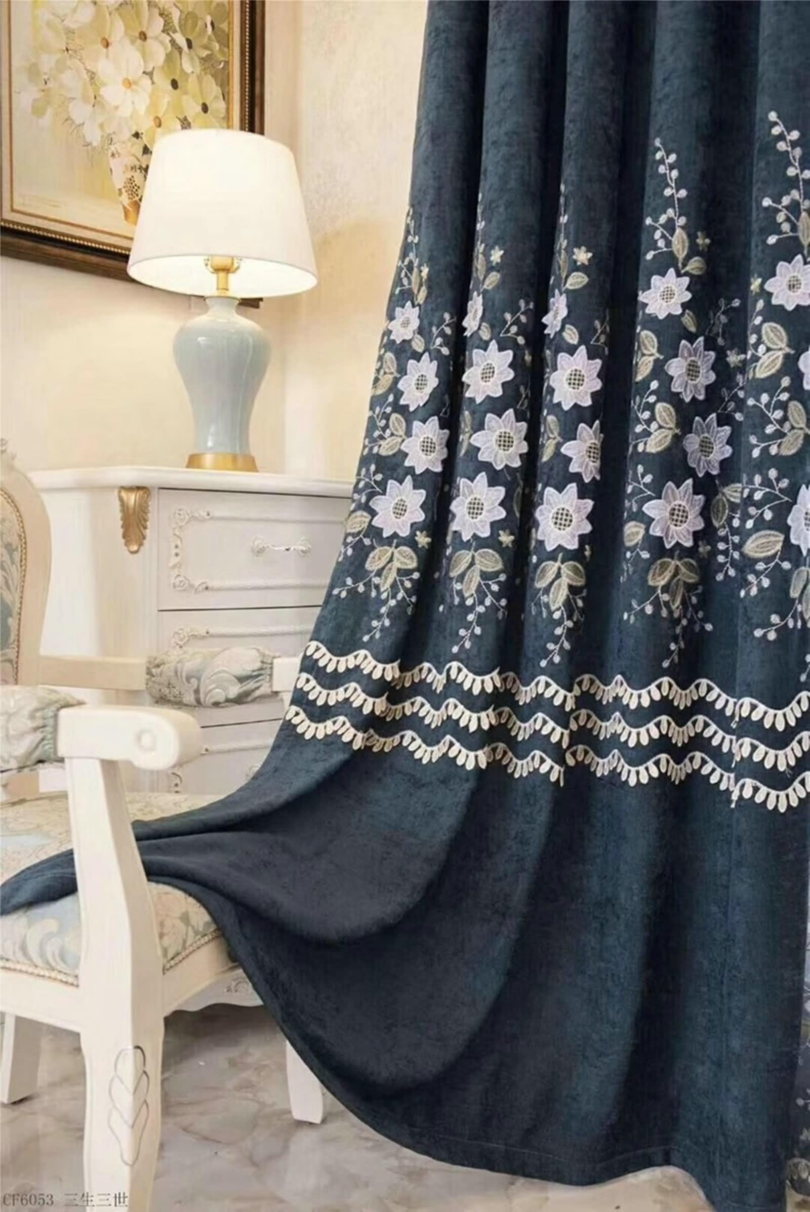 Zasłona okienna do łazienki, zasłona do sypialni dla dorosłych boho niebieskie haftowane kwiaty i liście szenilowe zestaw 2 szt. 86 W x 115 L cm