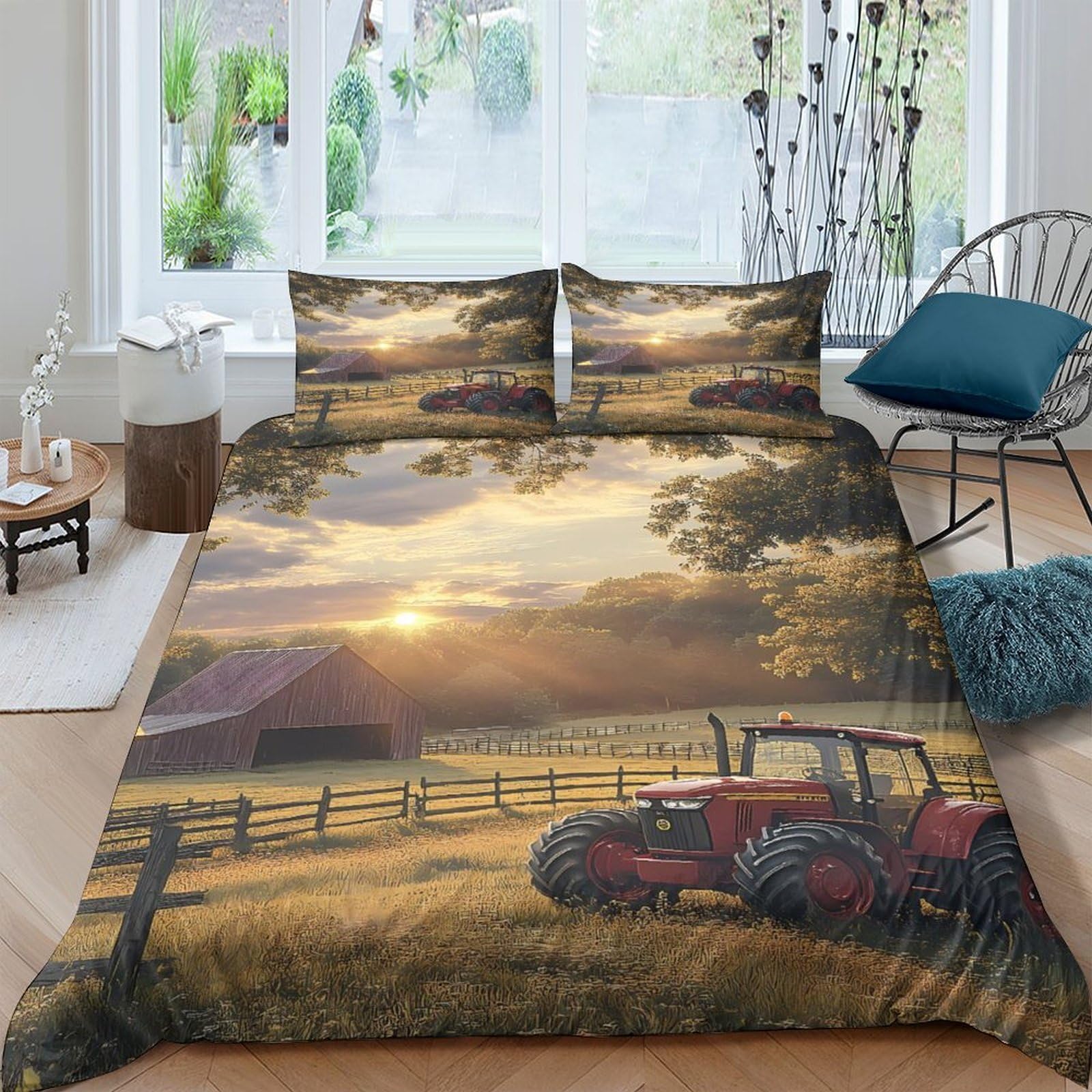 Ctjqhvkz Style-9 3D Printed Farm Sunrise Fitted Sheet Microfiber Soft Red Tractor Mattress Cover For Bedroom Guest Room Decor Single（135X200cm）