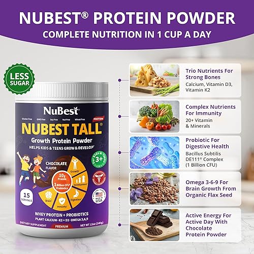 Miniatura 3 de NuBest Tall Protein Powder para niños y adolescentes, batido de proteína de chocolate en polvo, bebida proteica con probióticos, Omega 3-6-9,