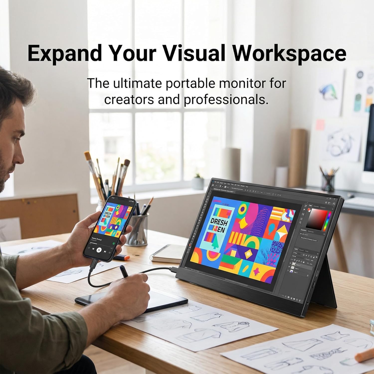 17.3" Full HD Portable Monitor, 1080P 60Hz External Display with USB-C/HDMI Ports, Plug-and-Play Second Screen for Laptops, Phones, Consoles