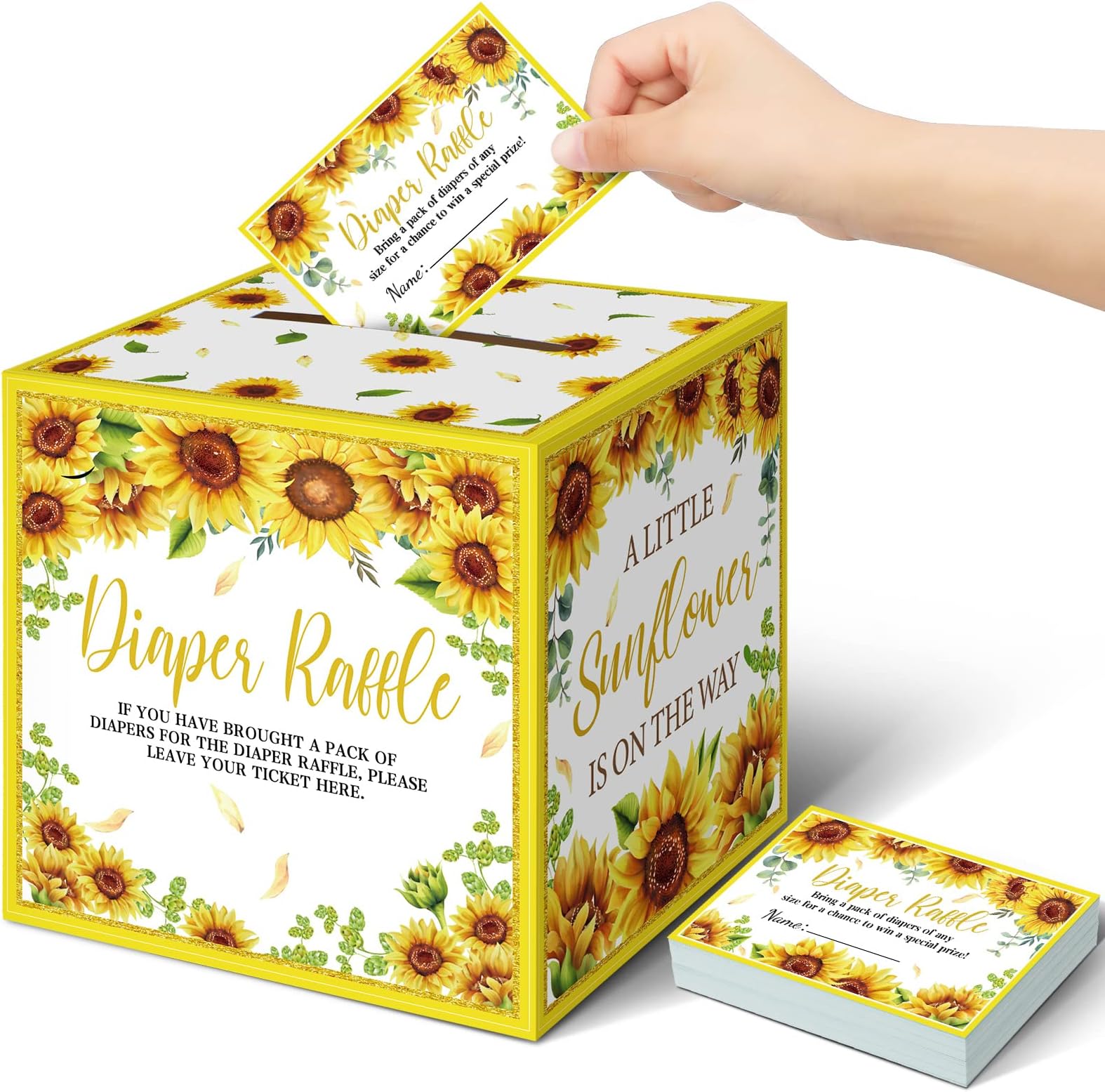 Teling 51 Pieces Diaper Raffle Tickets with Diaper Raffle Card Box Baby Shower Decorations Baby Shower Holder Box for Girl Boy Diaper Raffle Party (Sunflower)