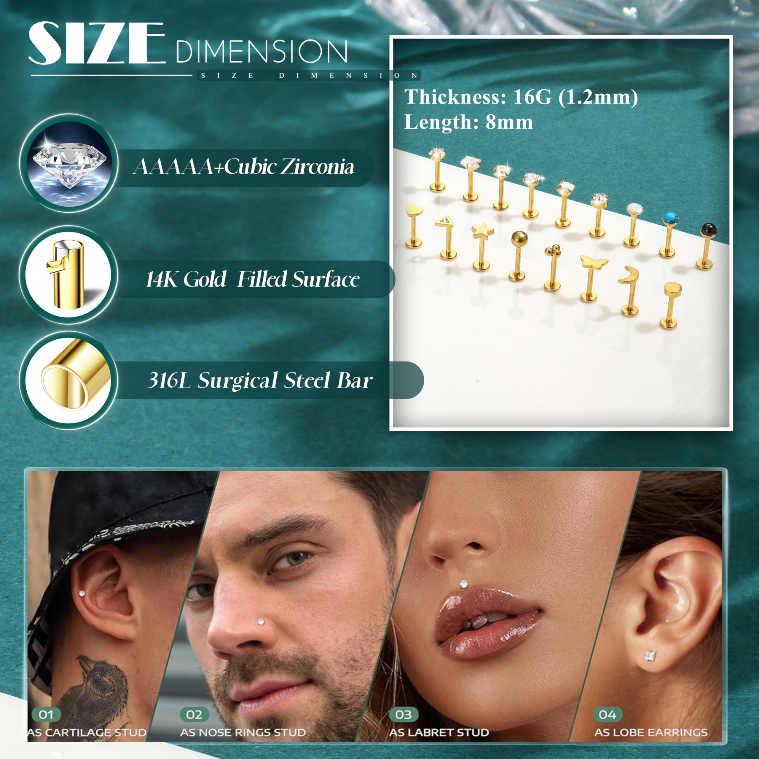 HHRFCS 16G Piercing Helix Biżuteria Gwintowany wkręt do nosa Labret Szpilki Kolczyk w nosie Kolczyki z płaskim tyłem Stal chirurgiczna Helix Hoop Muszla Daith Lip Piercing Tragus Srebrne Złoto