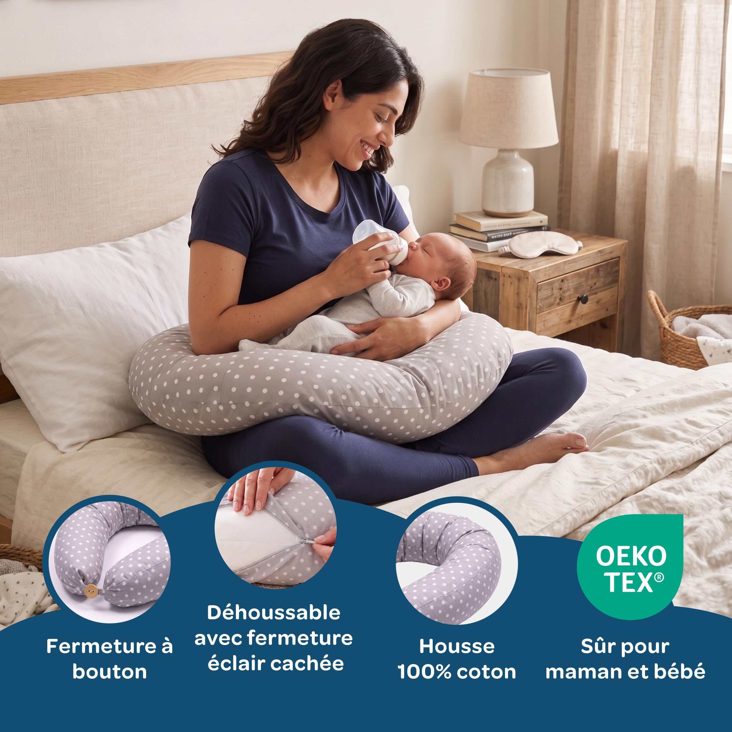 DOLCI SOGNI Coussin de Grossesse et Allaitement Multiusage | Coussin de Grossesse pour Dormir | Housse 100% Coton Oeko-TEX Déhoussable | Cadeau Femme Enceinte Prémaman
