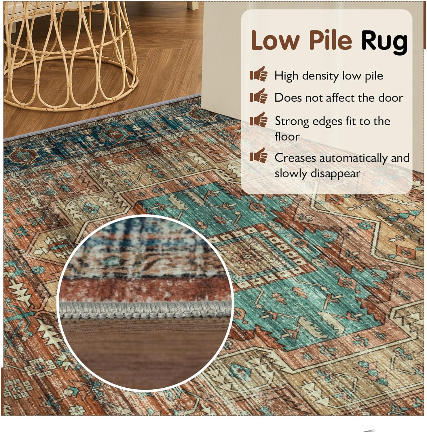 Washable Area Rug 8x10: Boho Rugs for Living Room Non-Slip Low Pile Moroccan Rug Oriental Print Indoor Carpet for Dining Room Bedroom Home(Brick Red, 8x10)